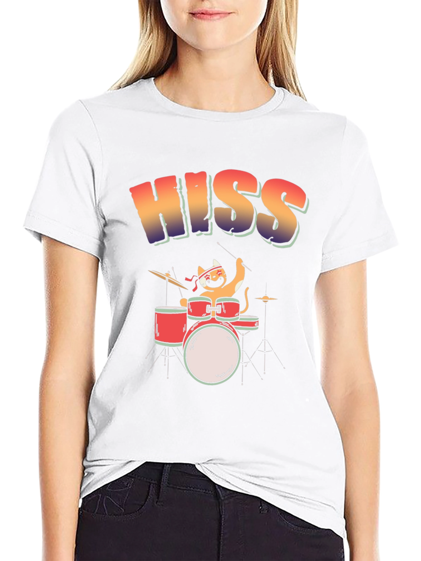 Black HISS Cat Drummer T-Shirt - Rock On! view 9