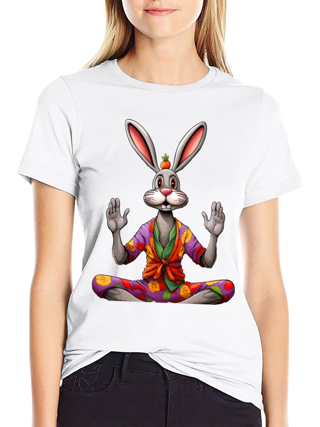 Black Zen Rabbit Graphic Tee - Meditating Hare Shirt view 9