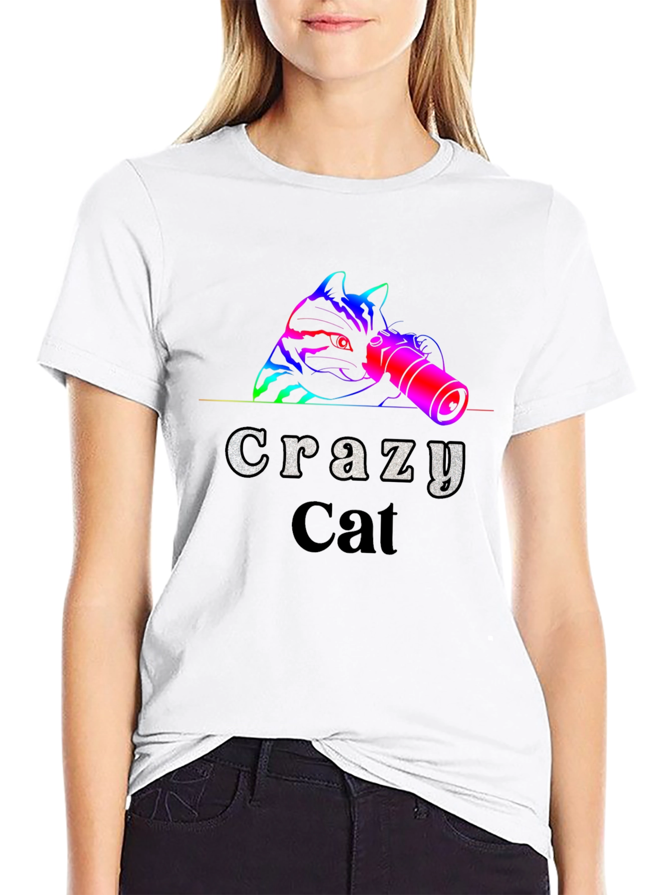 Black Crazy Cat T-Shirt - Novelty Graphic Tee view 9
