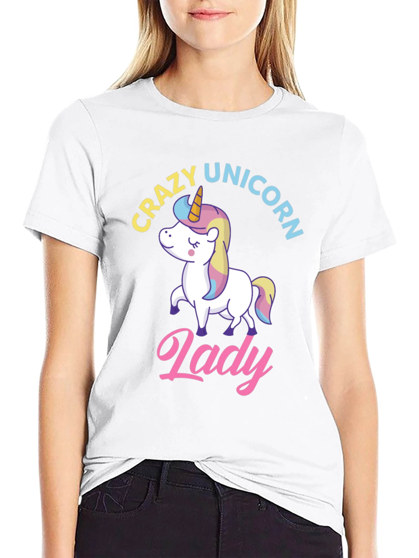 Black Crazy Unicorn Lady T-Shirt - Fun Graphic Tee view 9