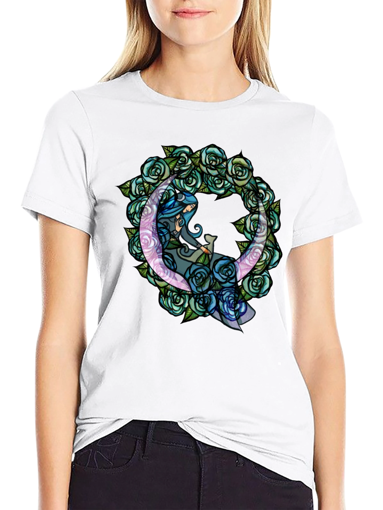 Black Mystic Moon & Roses Graphic T-Shirt - Black view 9