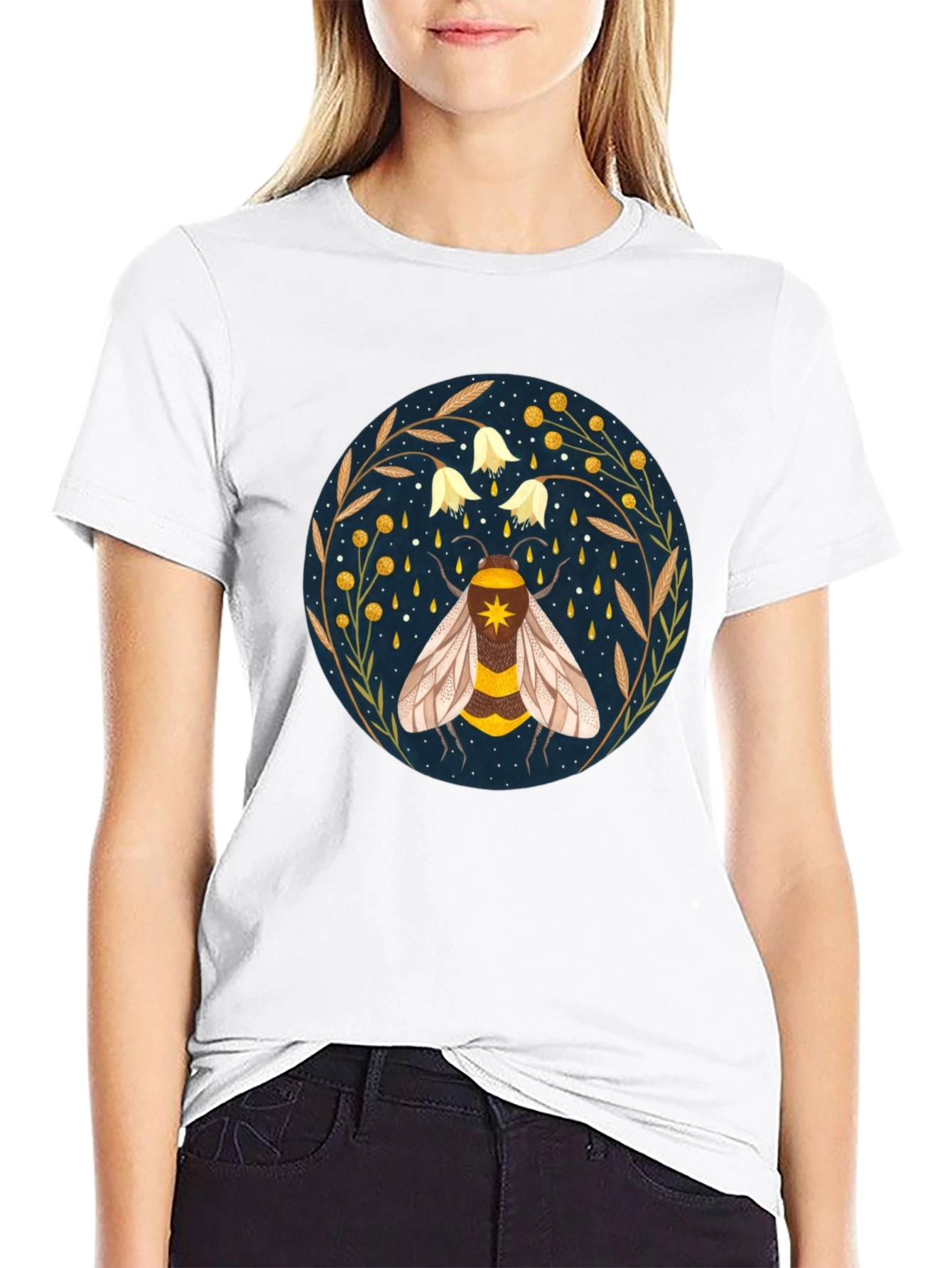 Black Enchanted Bee Graphic Tee - Celestial Honeycomb Design view 9