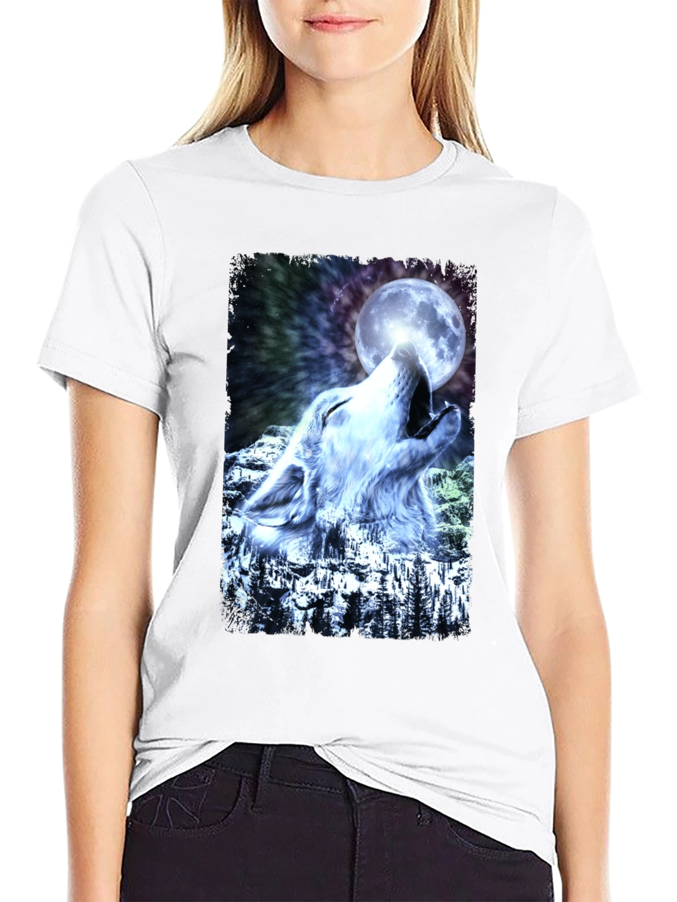 Black Wolf Howling Moon Graphic T-Shirt - Cool Design view 9