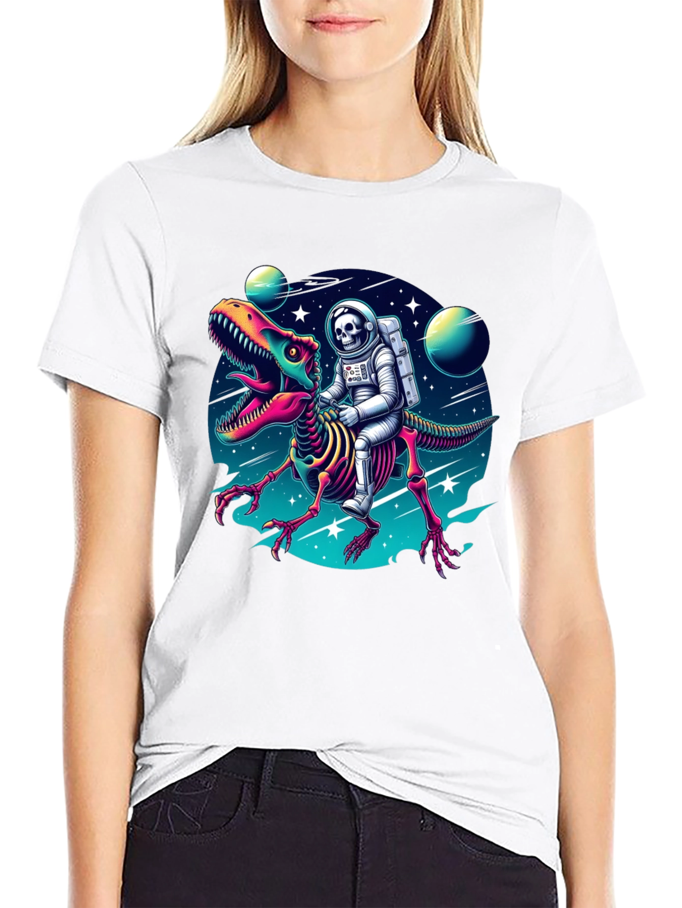 Black Astronaut Skeleton Riding Dinosaur Graphic Tee view 9