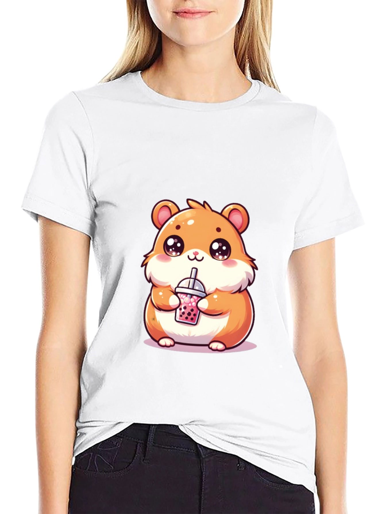 Black Cute Hamster Boba Tea Graphic T-Shirt view 9
