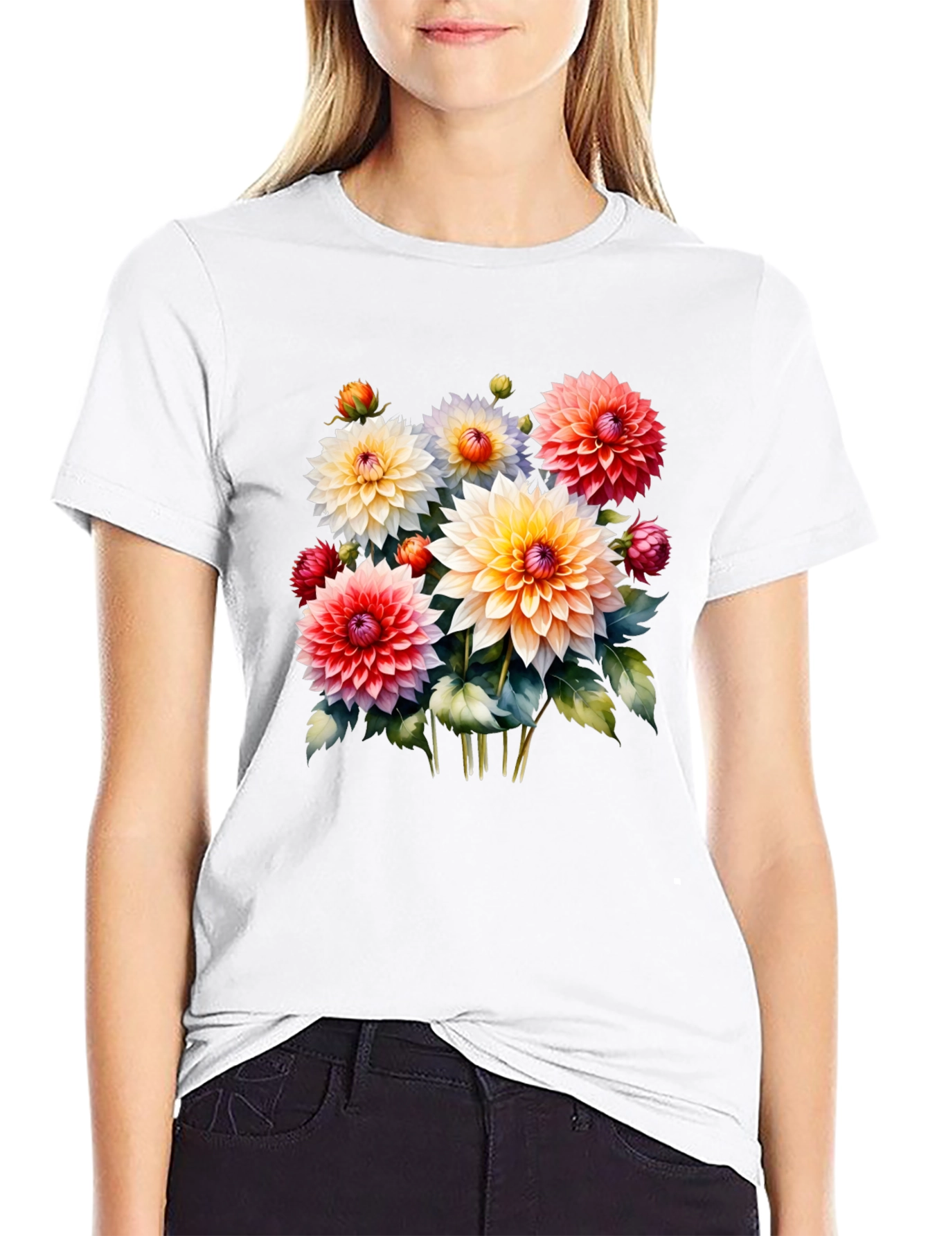 Black Floral Graphic Tee - Colorful Dahlia Design view 9