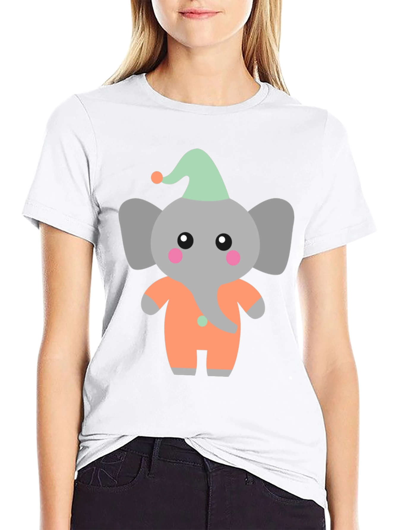 Black Cute Elephant Cartoon Black T-Shirt view 9