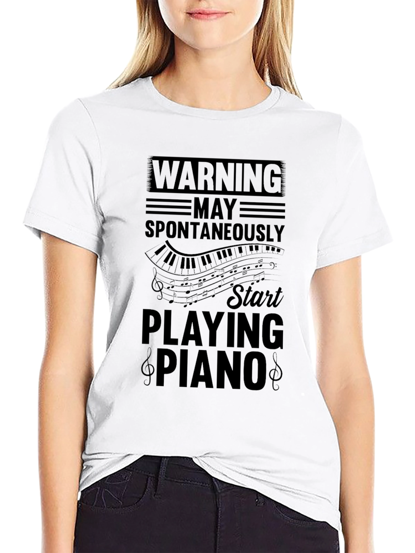 Black Warning: May Spontaneously Play Piano Graphic Tee view 9