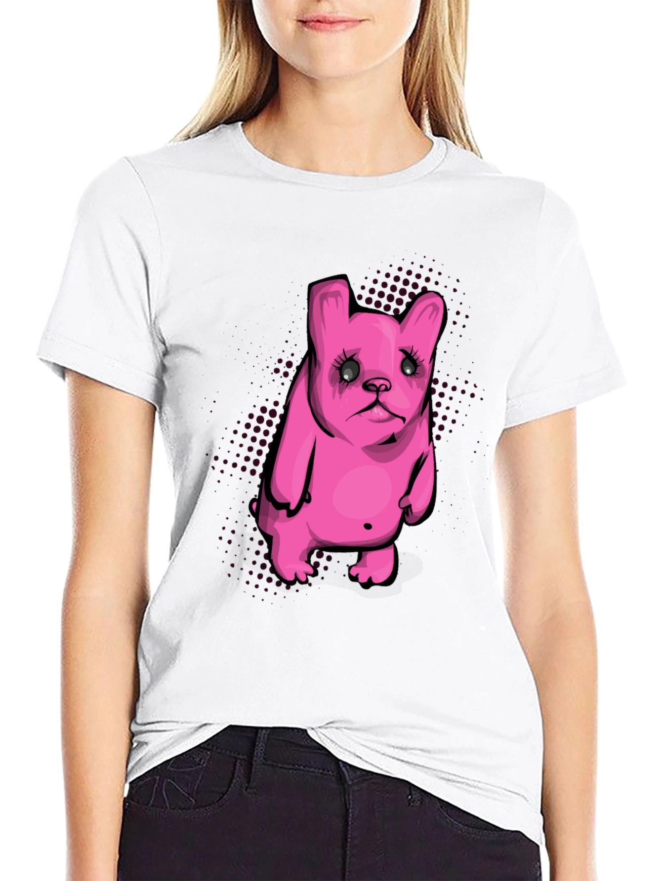 Black Pink Cartoon Dog Graphic Black T-Shirt view 9