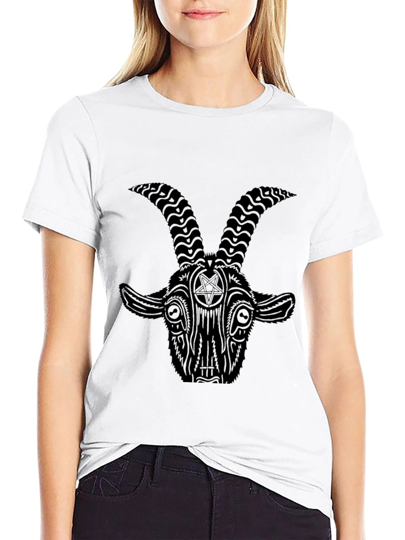 Black Baphomet Goat Head Graphic Print Black T-Shirt view 9