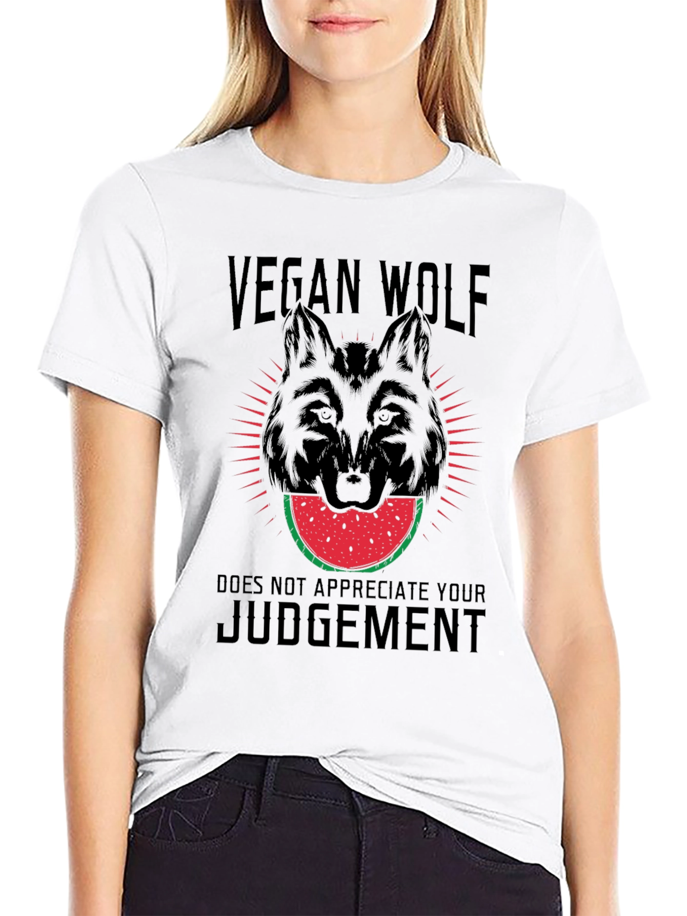 Black Vegan Wolf T-Shirt - Watermelon Design view 9