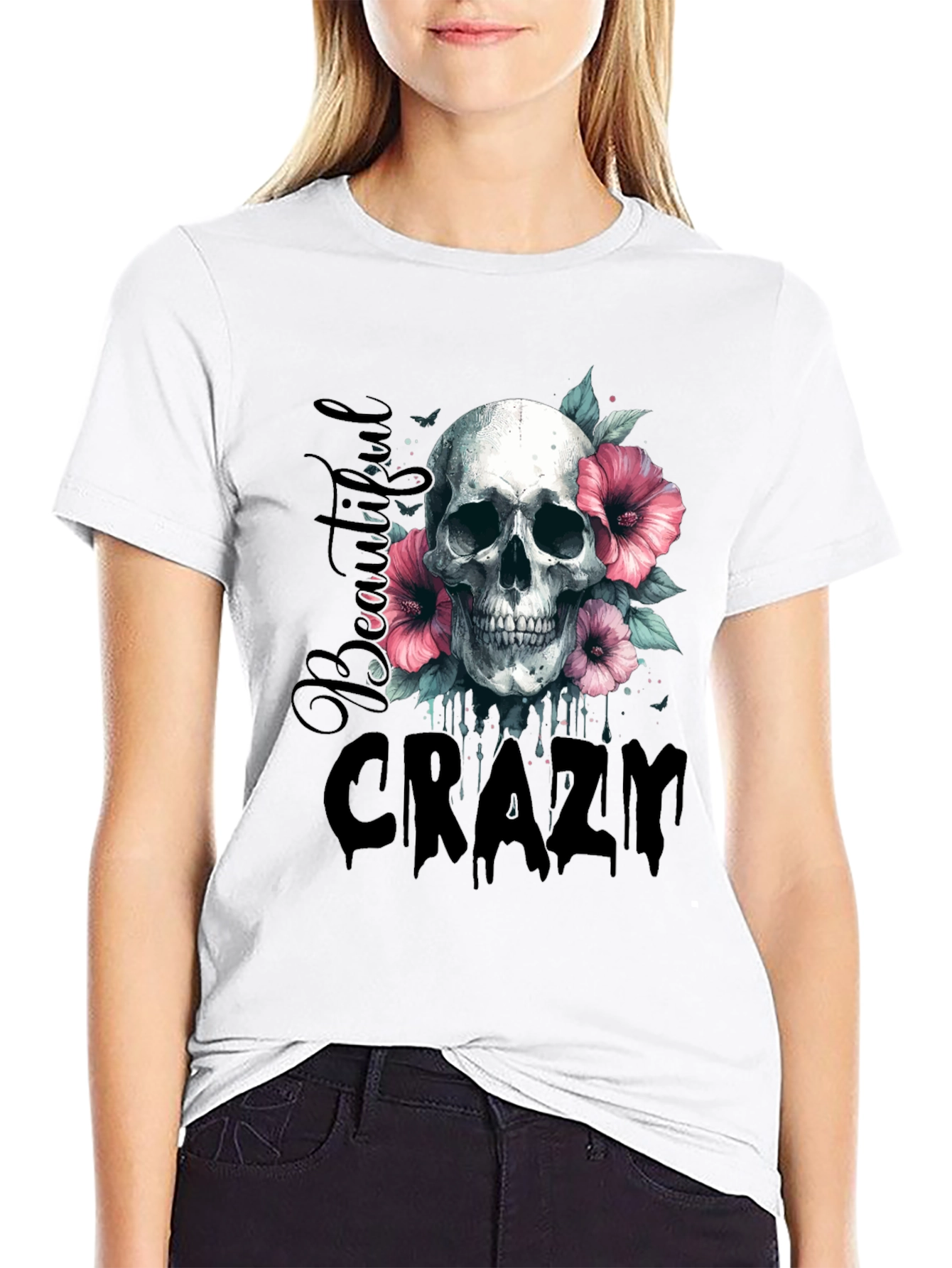Black Skull & Flowers Graphic Tee - Beautiful Crazy Design view 9