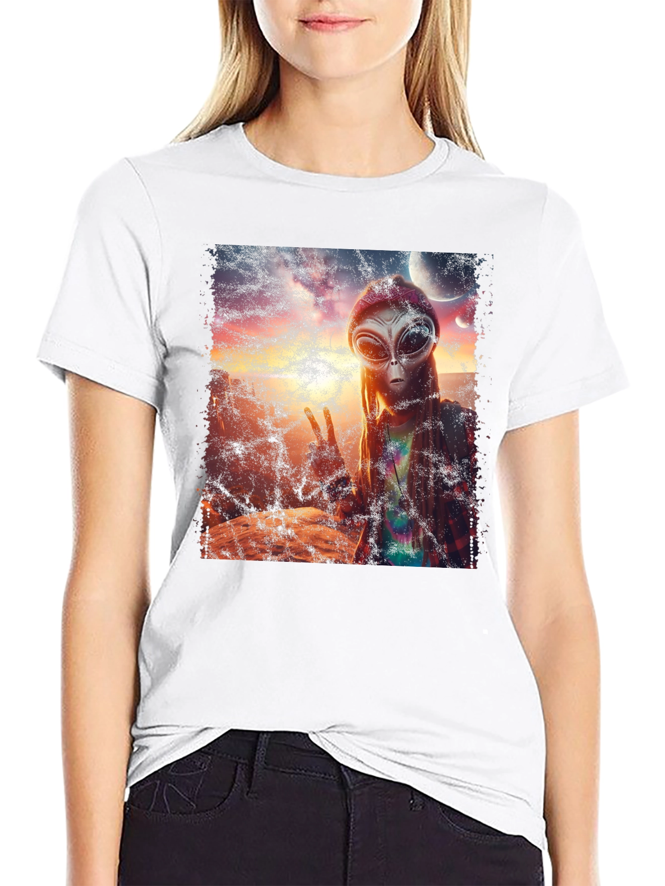 Black Alien Peace T-Shirt - Black Crew Neck Tee view 9