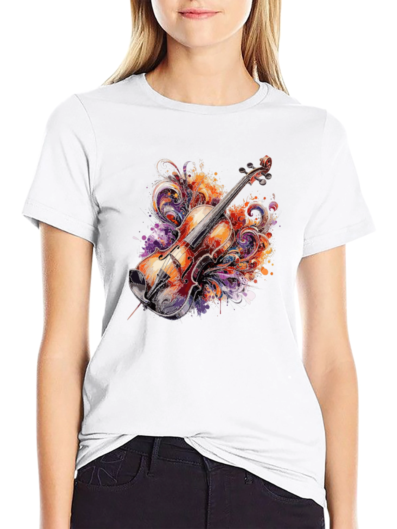 Black Musical Violin Graphic Tee - Artsy Black T-Shirt view 9