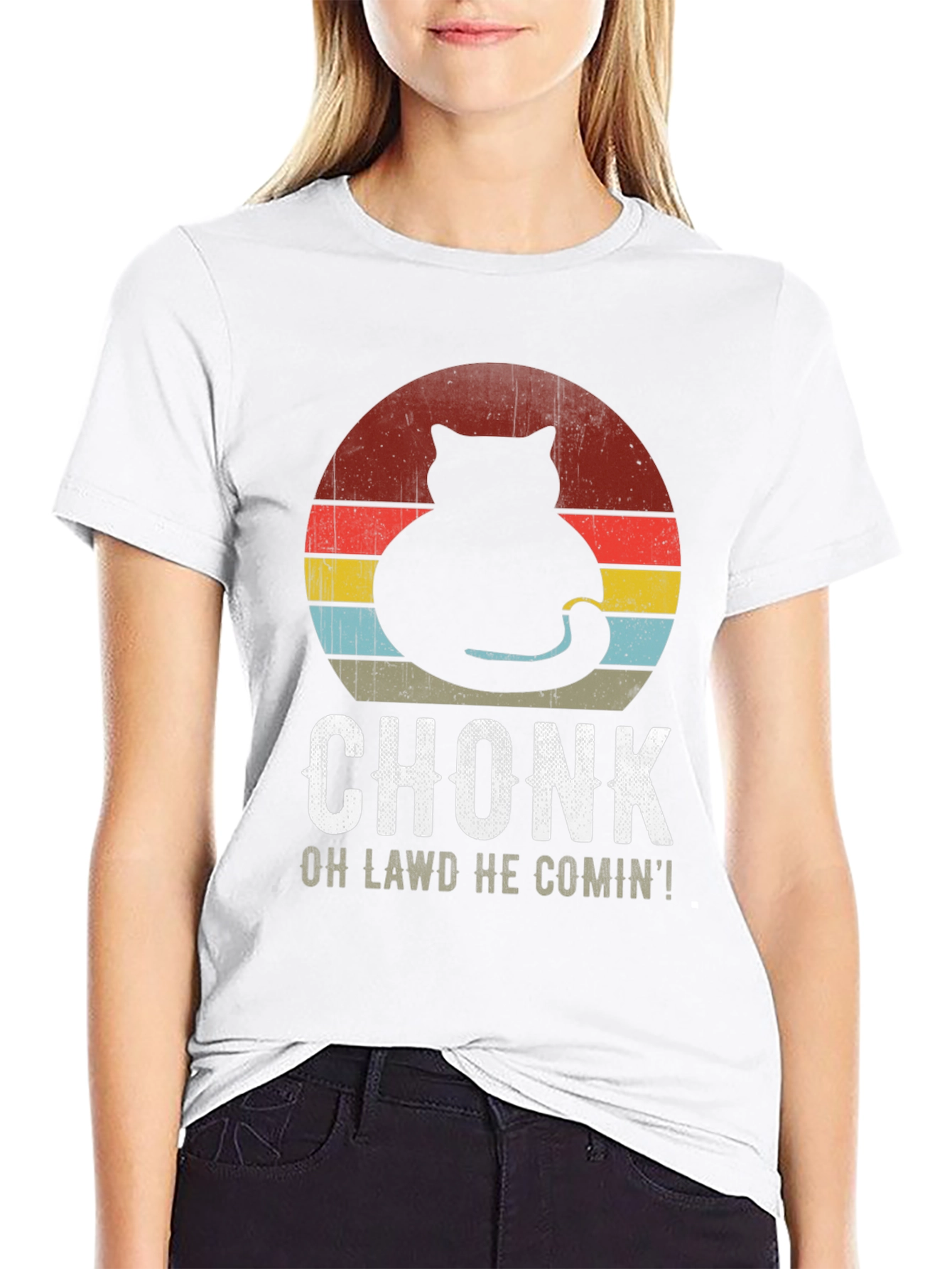 Black Chonk Cat Retro T-Shirt: Oh Lawd He Comin'! view 9