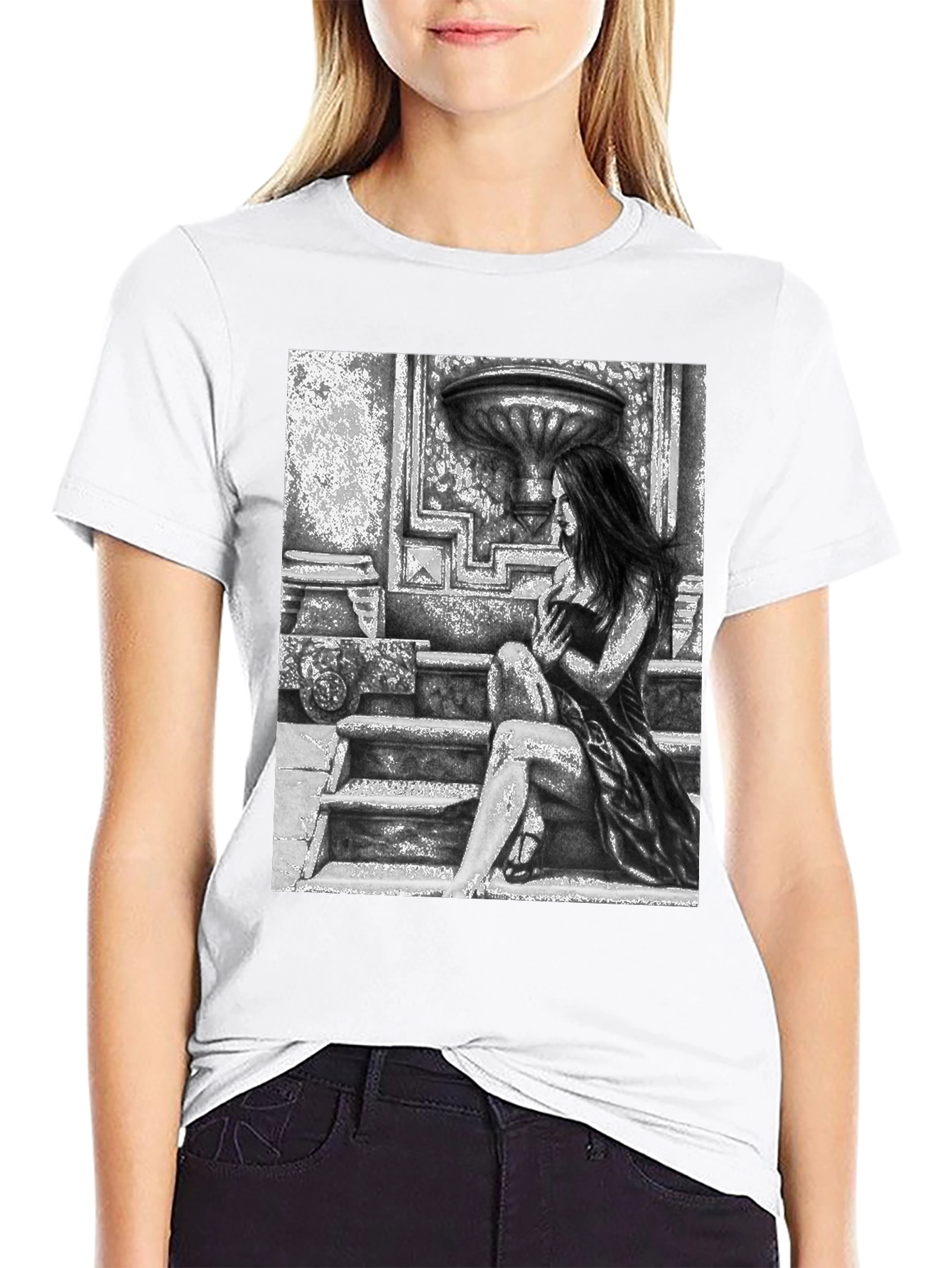 Black Gothic Beauty Tee - Woman on Steps Graphic T-Shirt view 9
