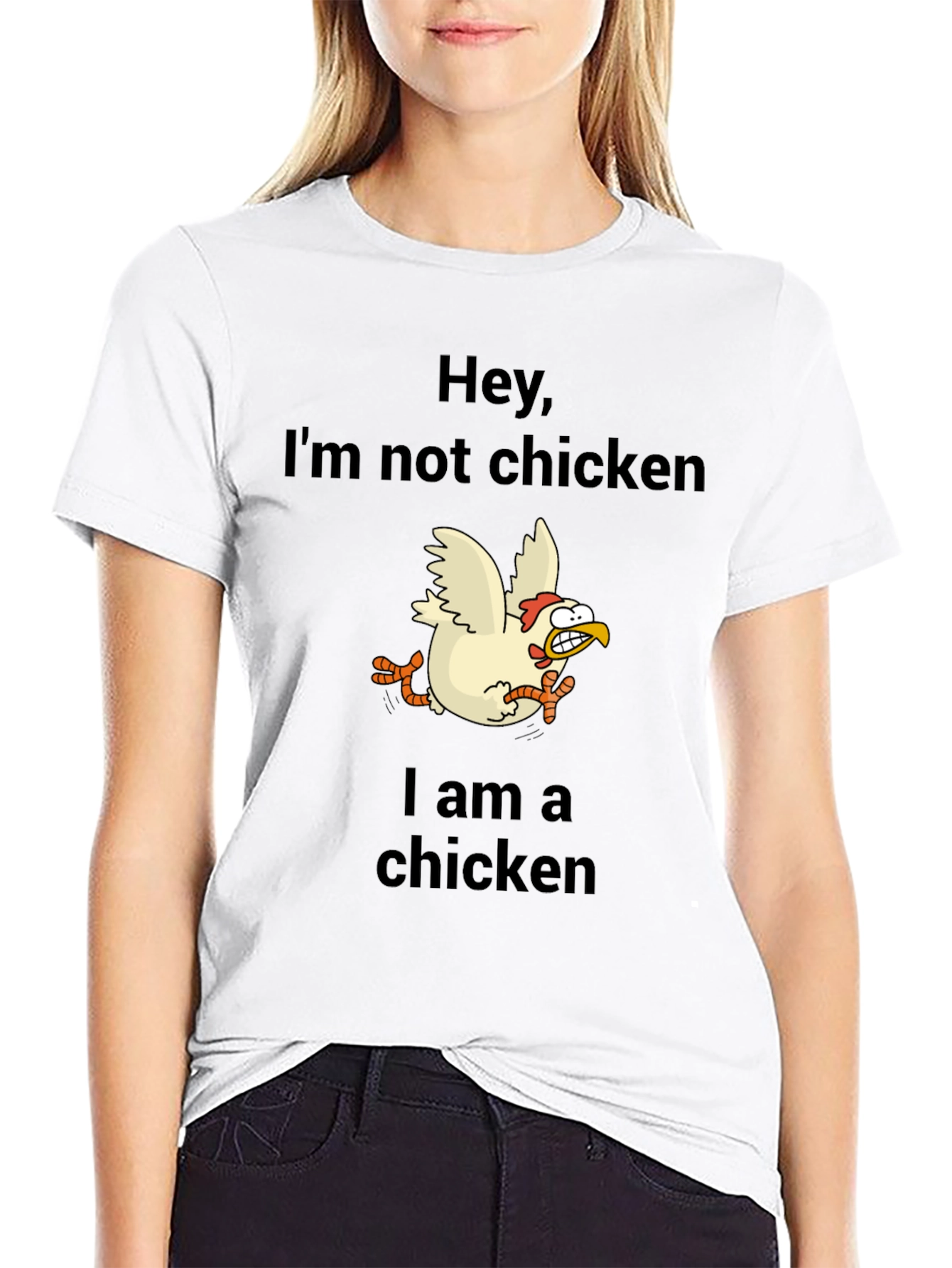 Black Funny Chicken Graphic Tee - Hey, I'm Not Chicken T-Shirt view 9