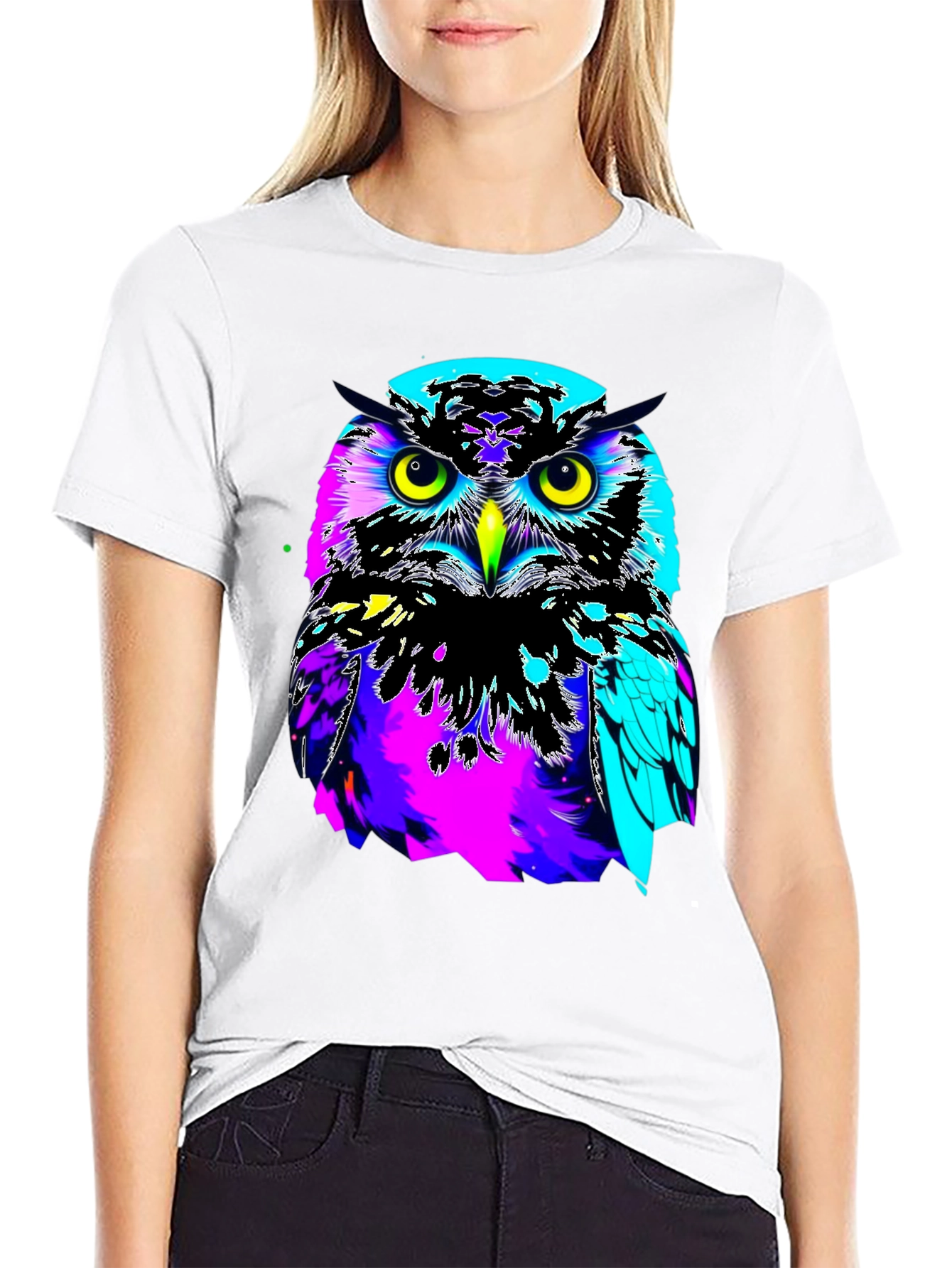 Black Vibrant Owl Graphic Black T-Shirt view 9