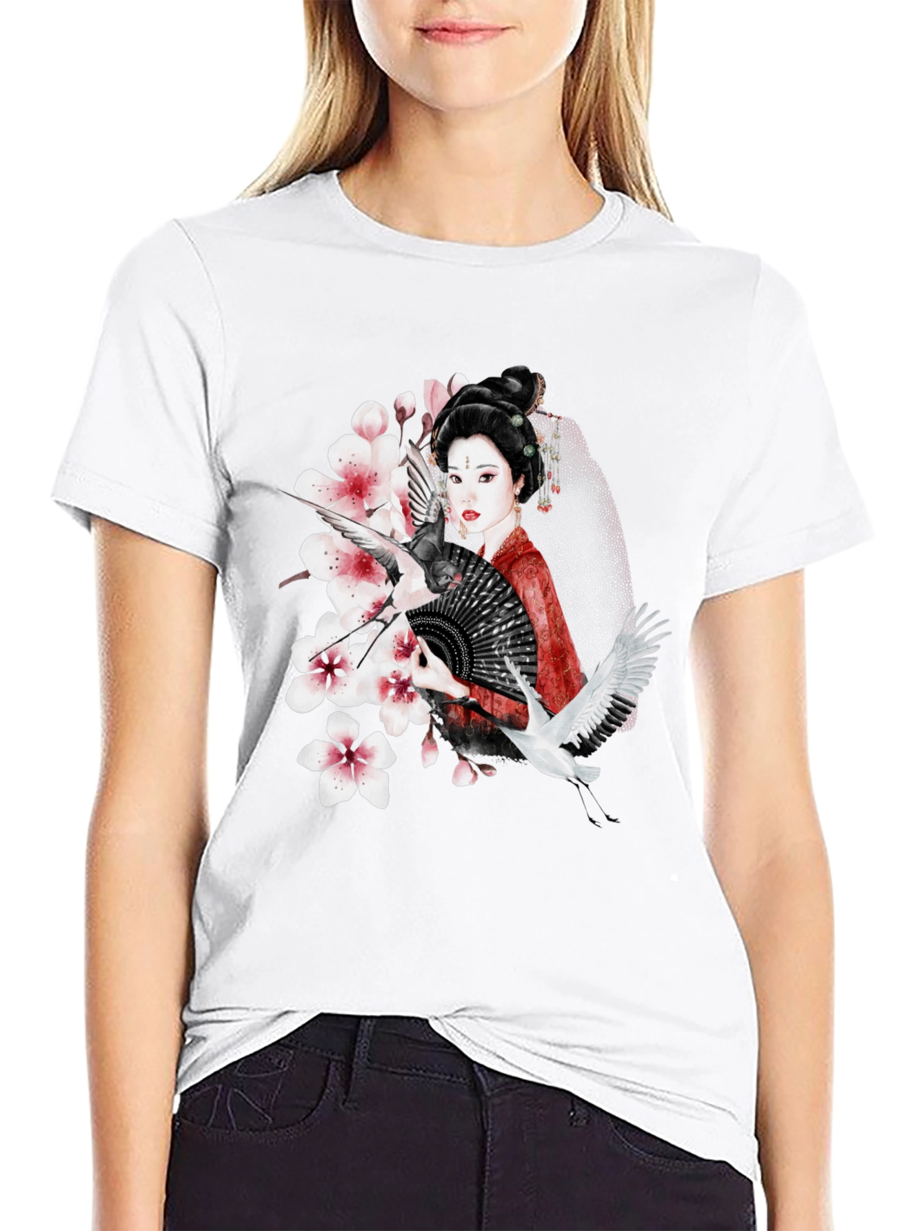 Black Asian Geisha Crane T-Shirt - Stylish Graphic Tee view 9