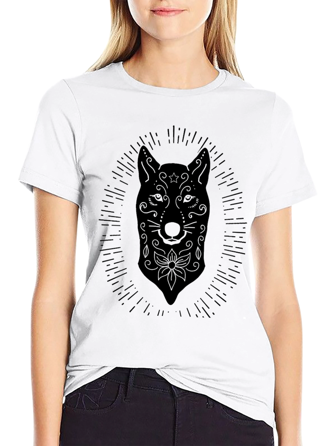 Black Black Graphic Tee - Sugar Skull Wolf Design view 9