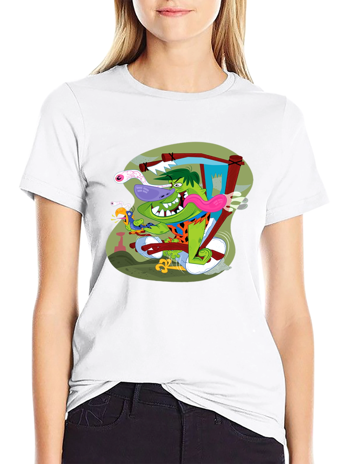 Black Cartoon Character Graphic Print Black T-Shirt view 9