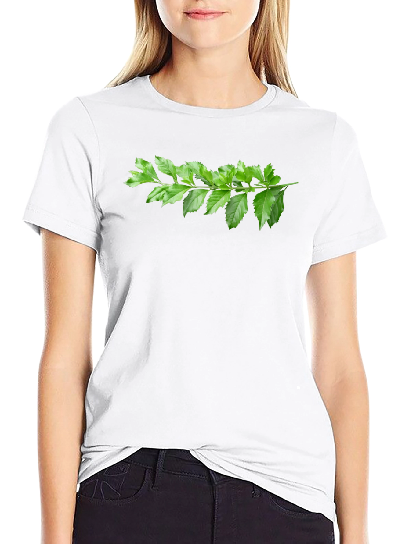 Black Green Branch Print Black T-Shirt view 9