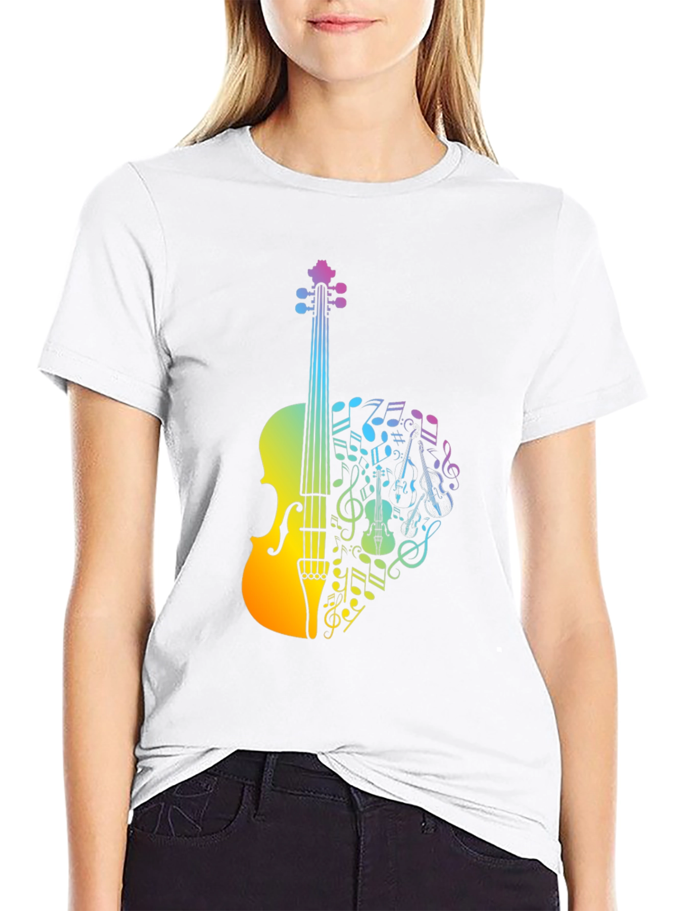 Black Musical Violin T-Shirt - Rainbow Notes Design view 9
