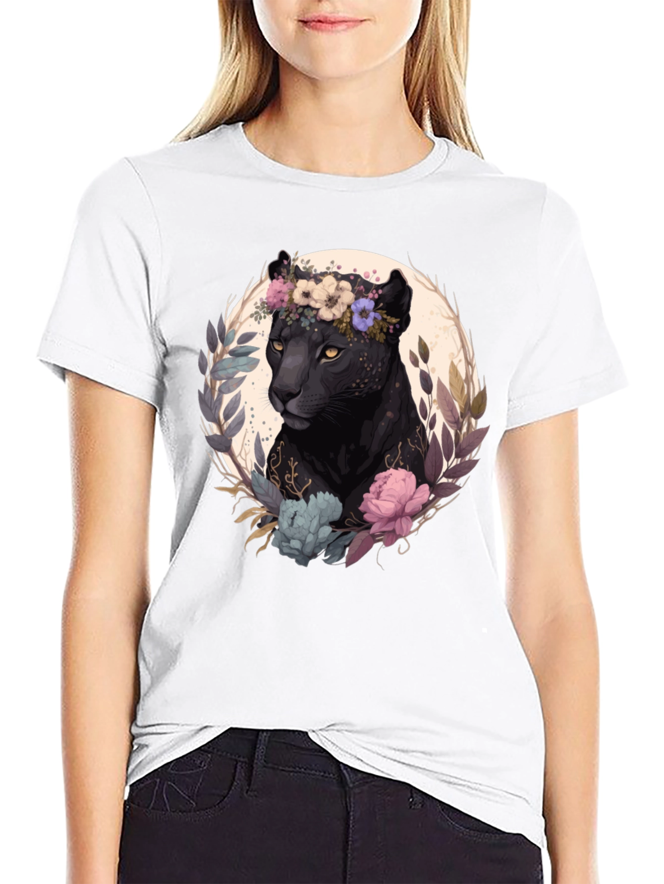 Black Black Panther Floral Wreath Graphic Tee view 9