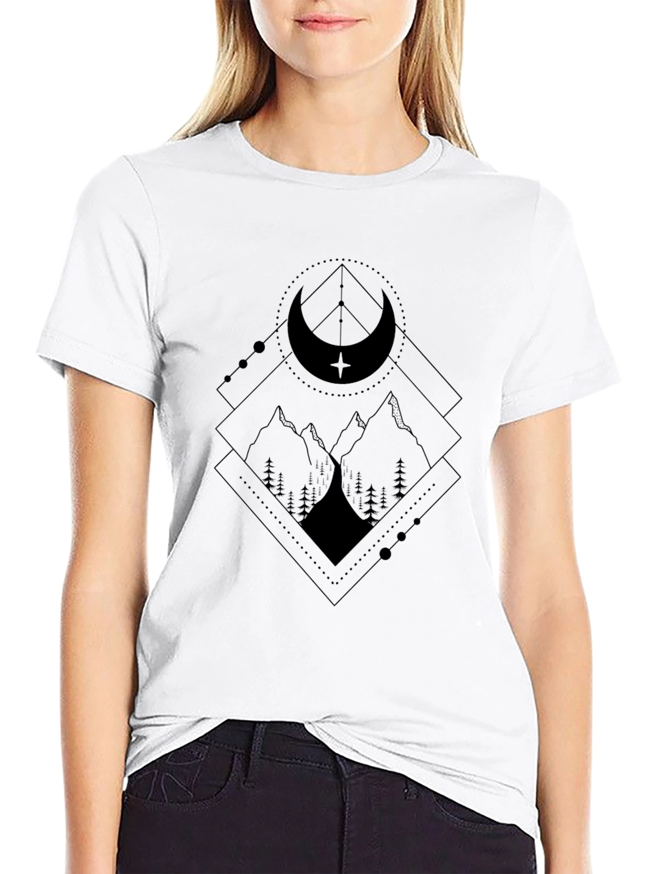 Black Geometric Mountain Moon Black Graphic Tee view 9