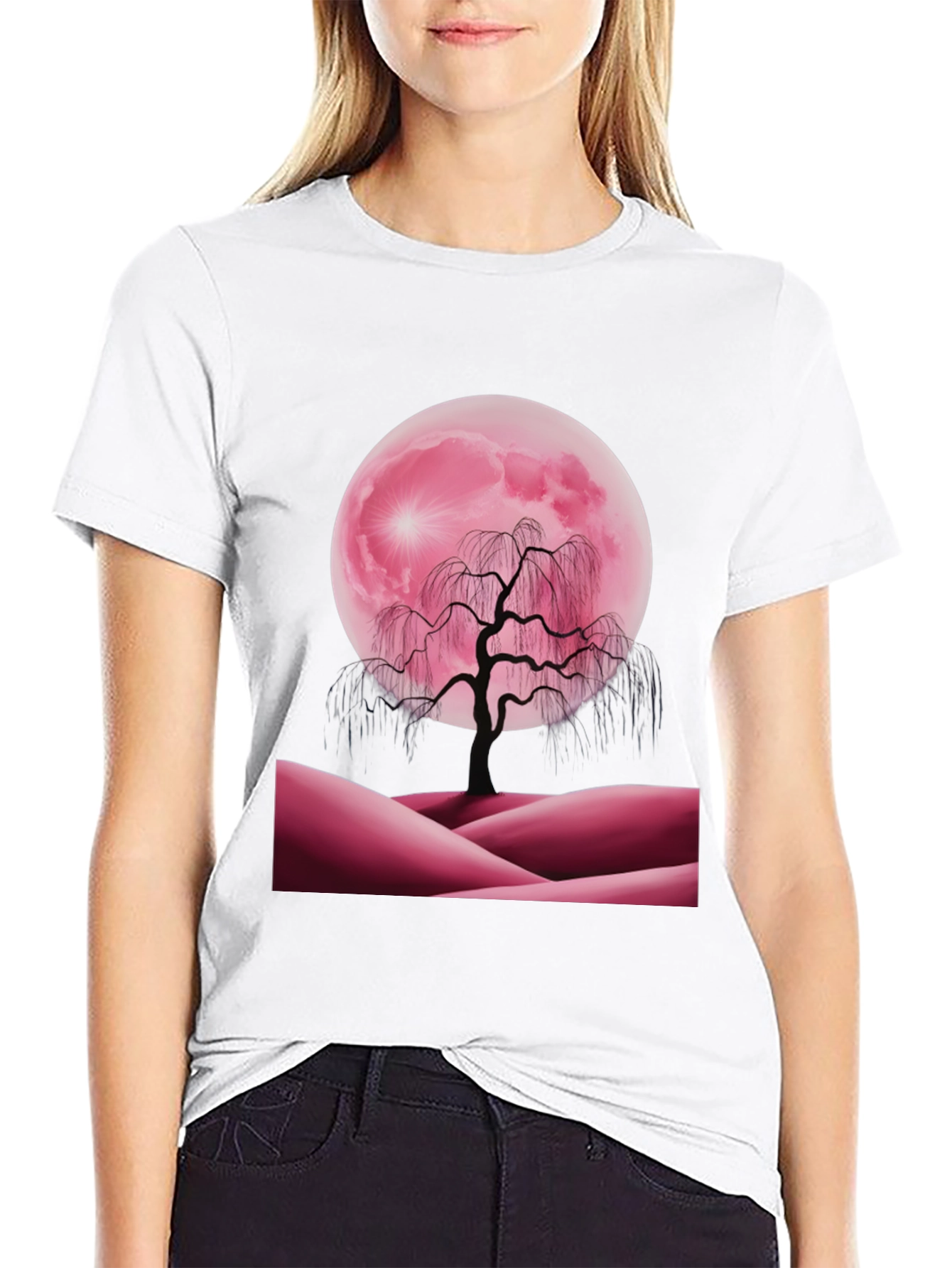 Black Pink Moon Tree Graphic Tee view 9
