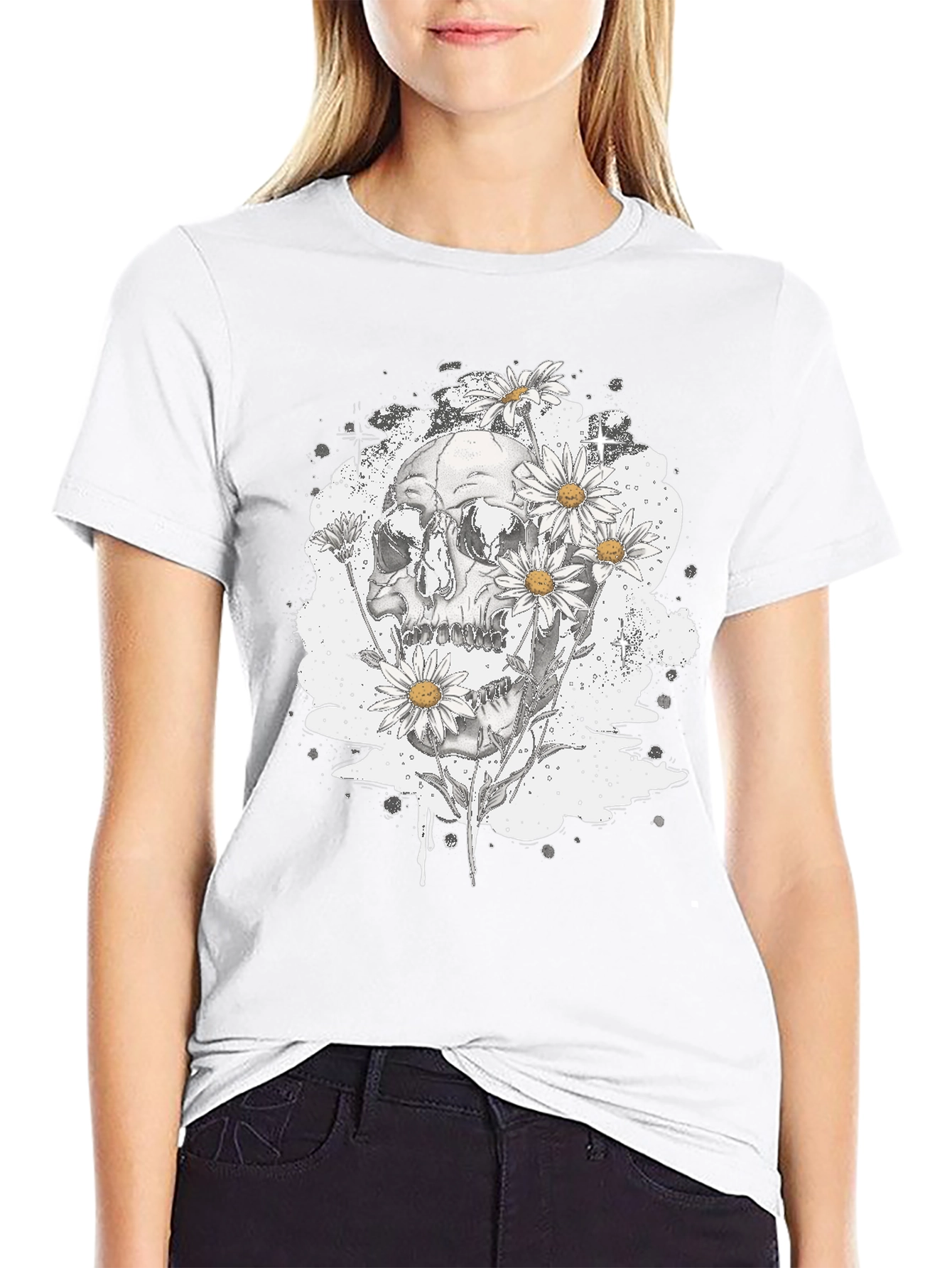 Black Skull & Daisy Graphic Tee - Edgy Black T-Shirt view 9
