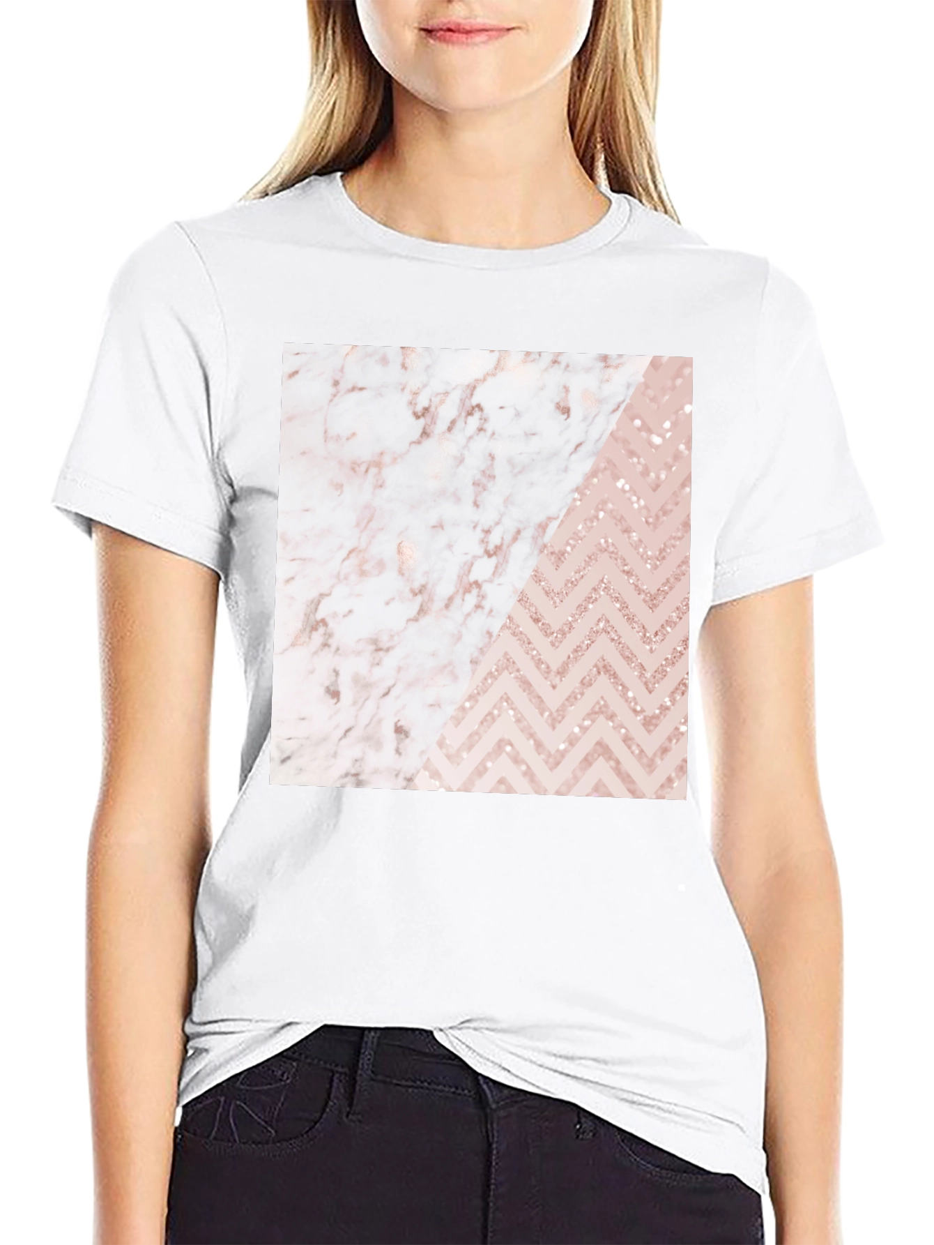 Black Modern Marble & Chevron Graphic T-Shirt view 9