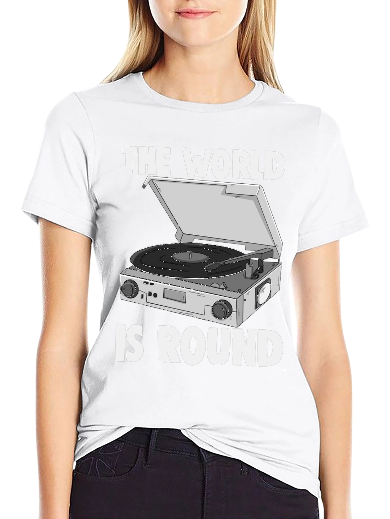 Black The World is Round Vinyl Turntable T-Shirt view 9