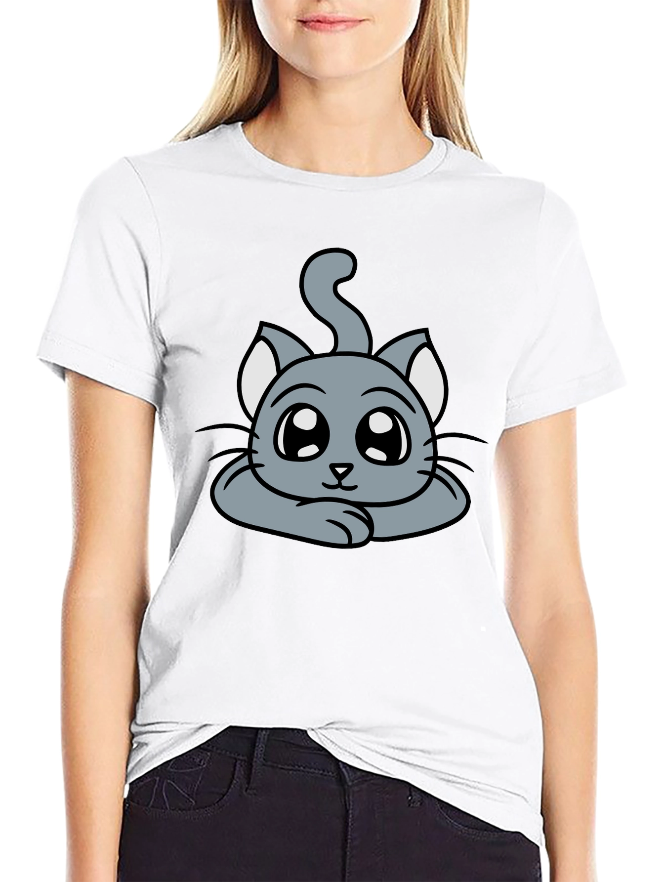Black Cute Cartoon Cat Graphic T-Shirt - Black view 9