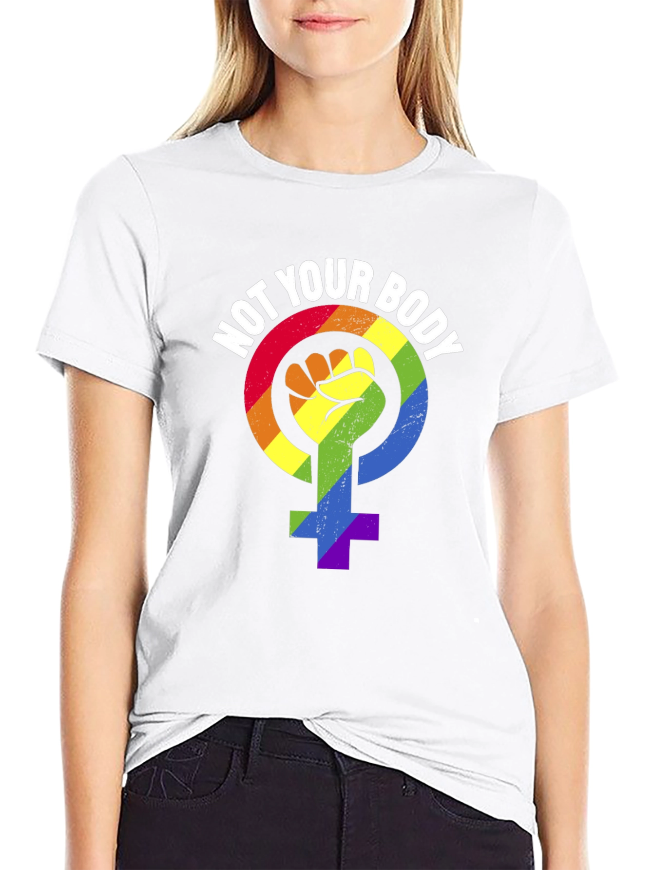 Black Not Your Body T-Shirt - Rainbow Feminist Symbol view 9