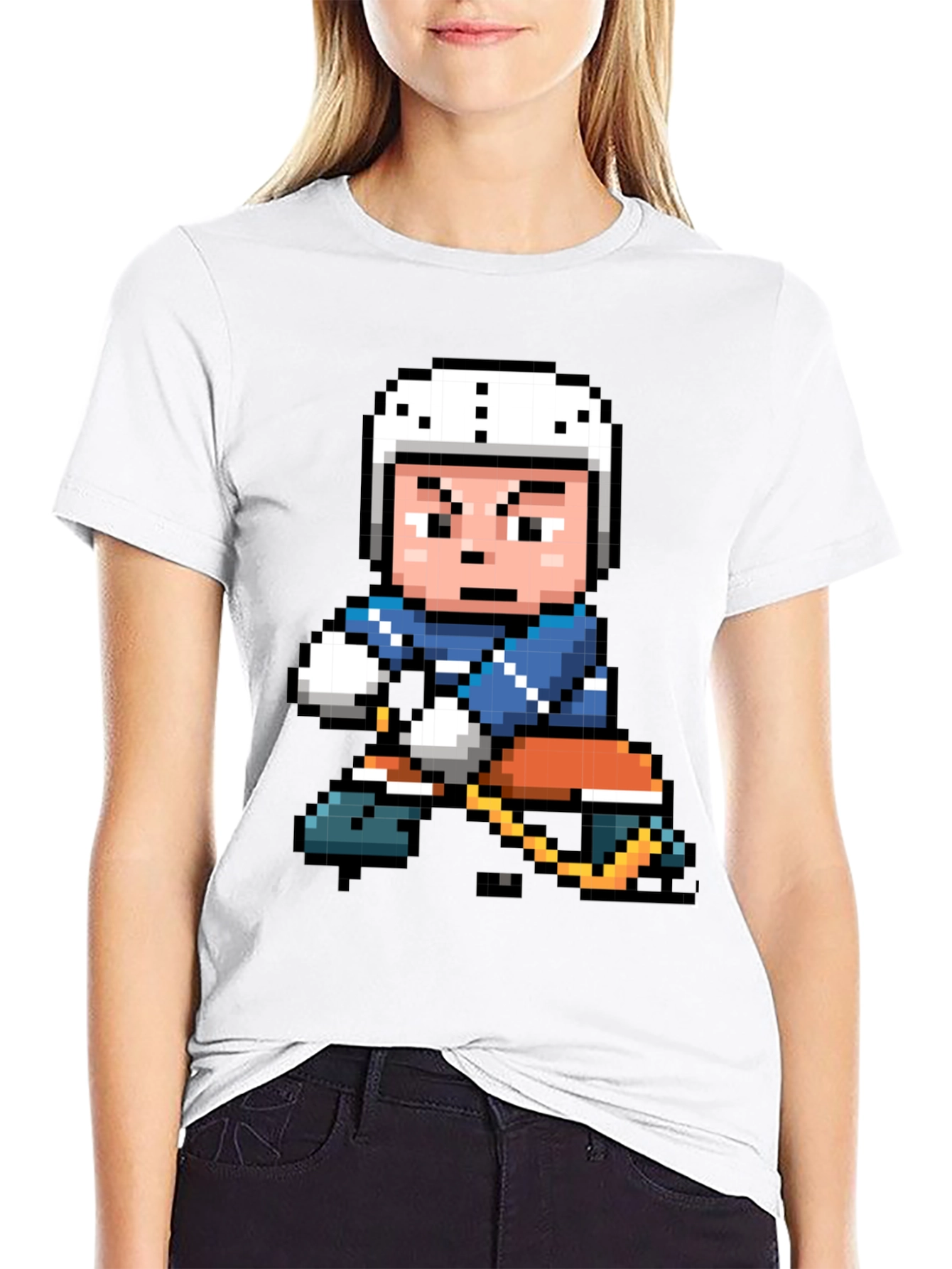 Black Retro Pixel Hockey Player Graphic T-Shirt view 9
