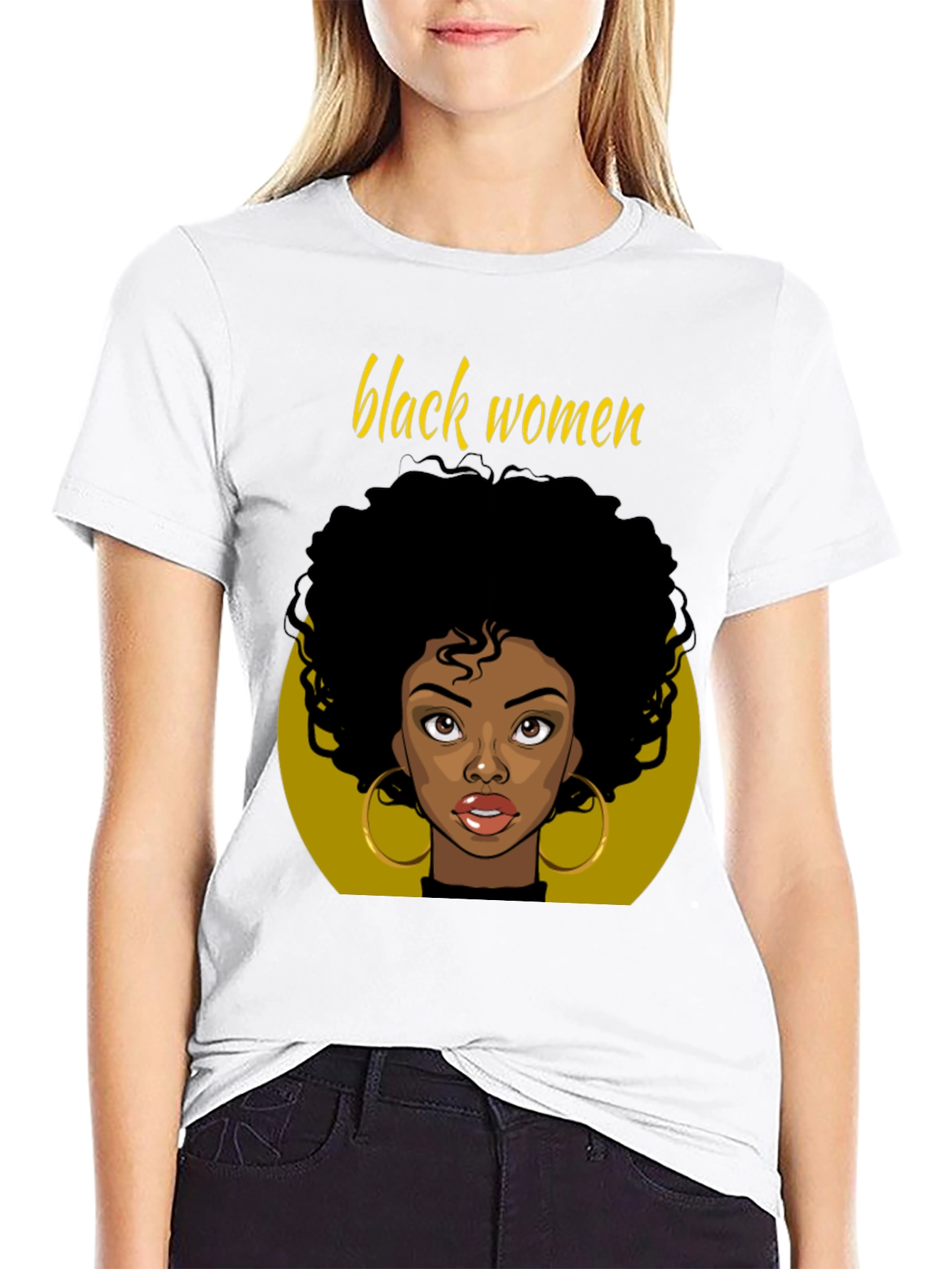 Black Black Women Graphic Tee - Afro Hair, Gold Earrings view 9