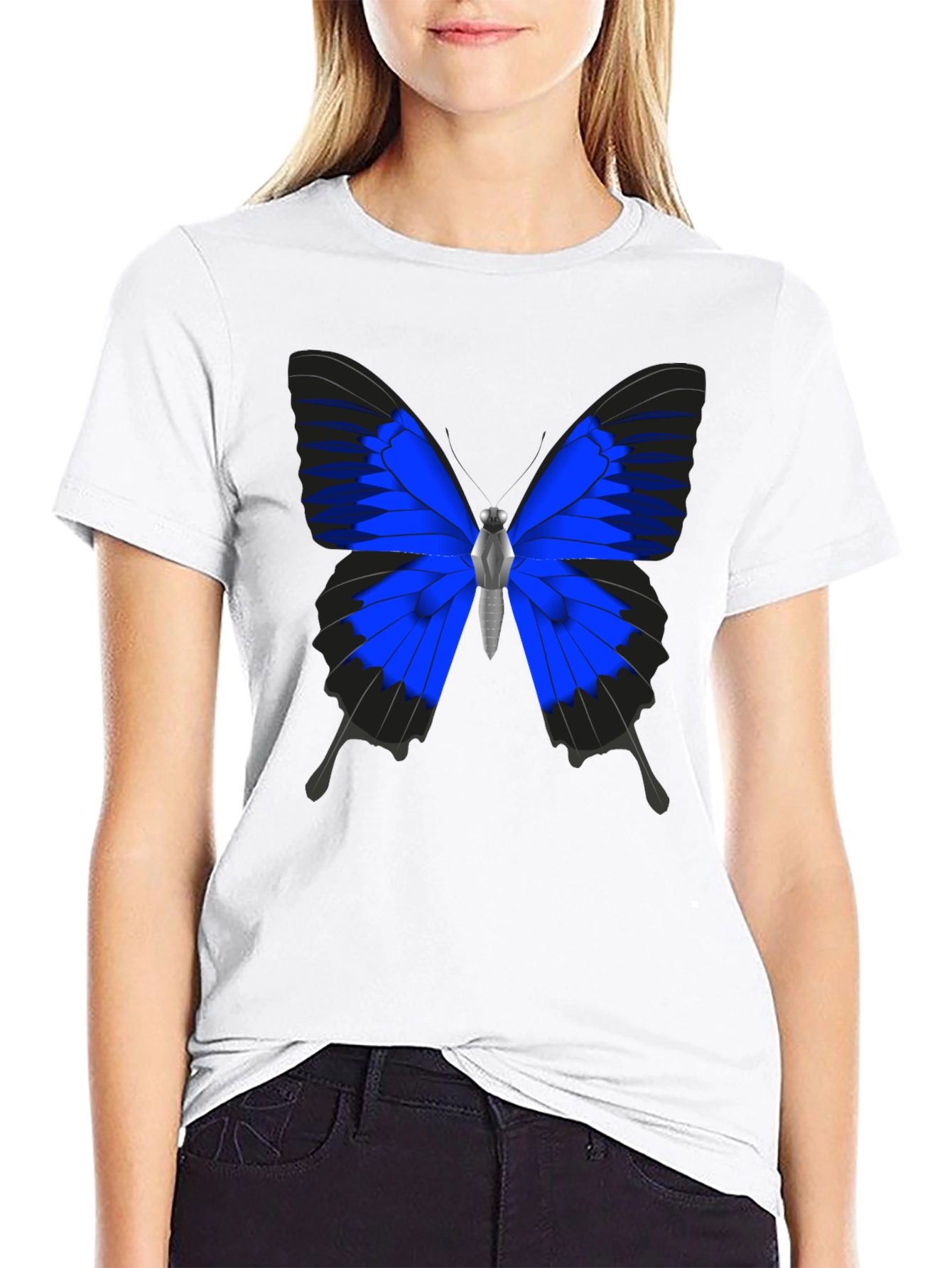 Black Blue Butterfly Graphic Black T-Shirt view 9