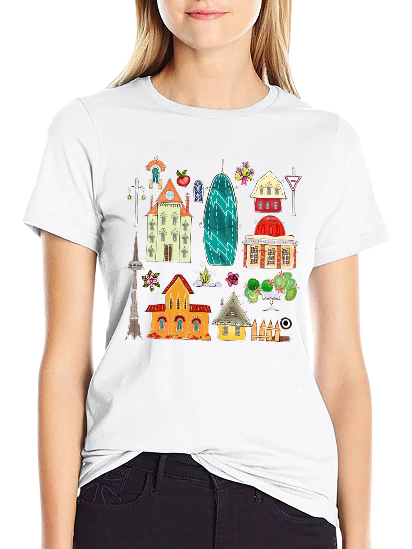 Black Cute Buildings Graphic Black T-Shirt view 9