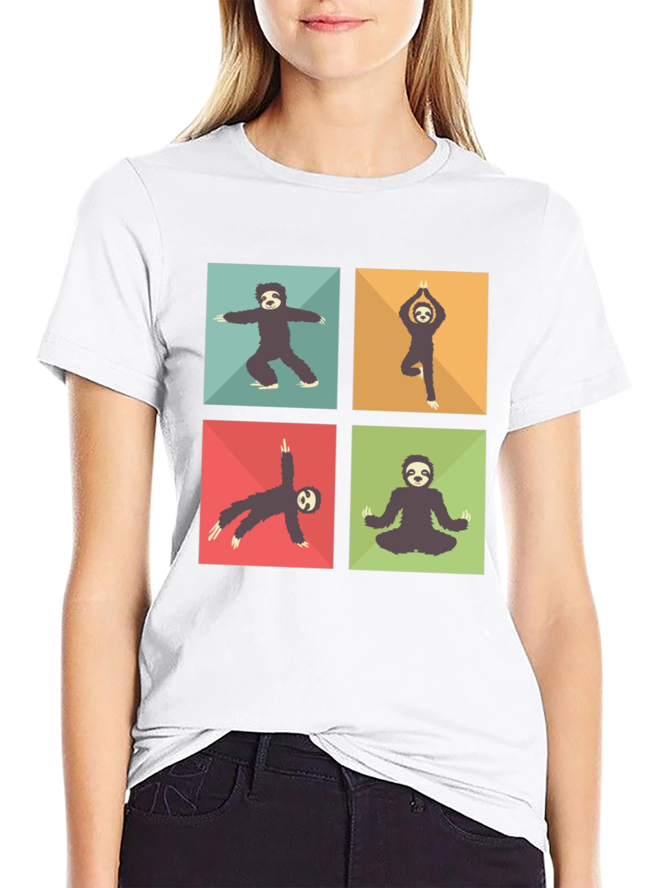 Black Sloth Yoga Poses T-Shirt Black Cotton Blend view 9
