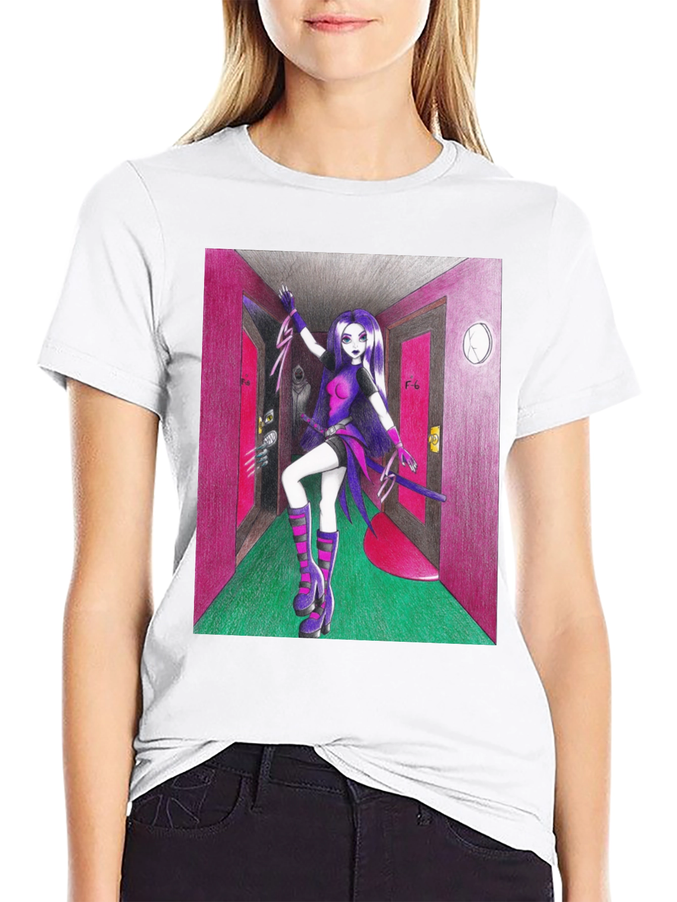 Black Anime Girl in Hallway Graphic Tee view 9