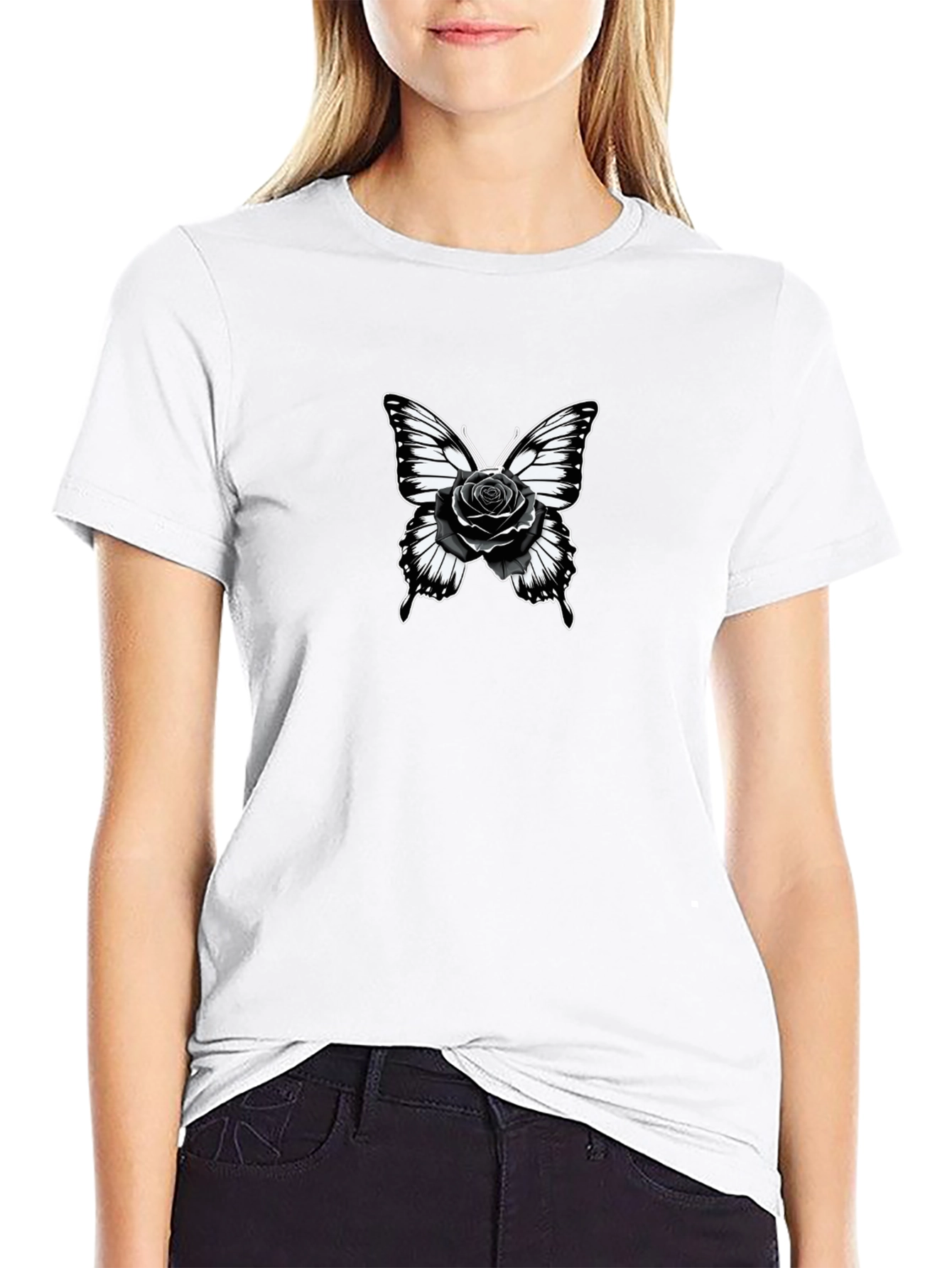 Black Butterfly Rose Graphic Tee - Black Cotton Blend view 9