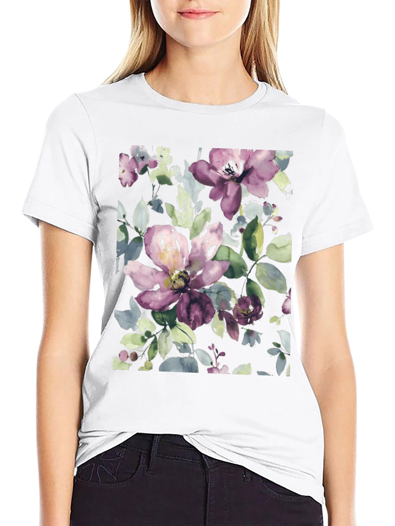 Black Floral Watercolor Print Black T-Shirt view 9