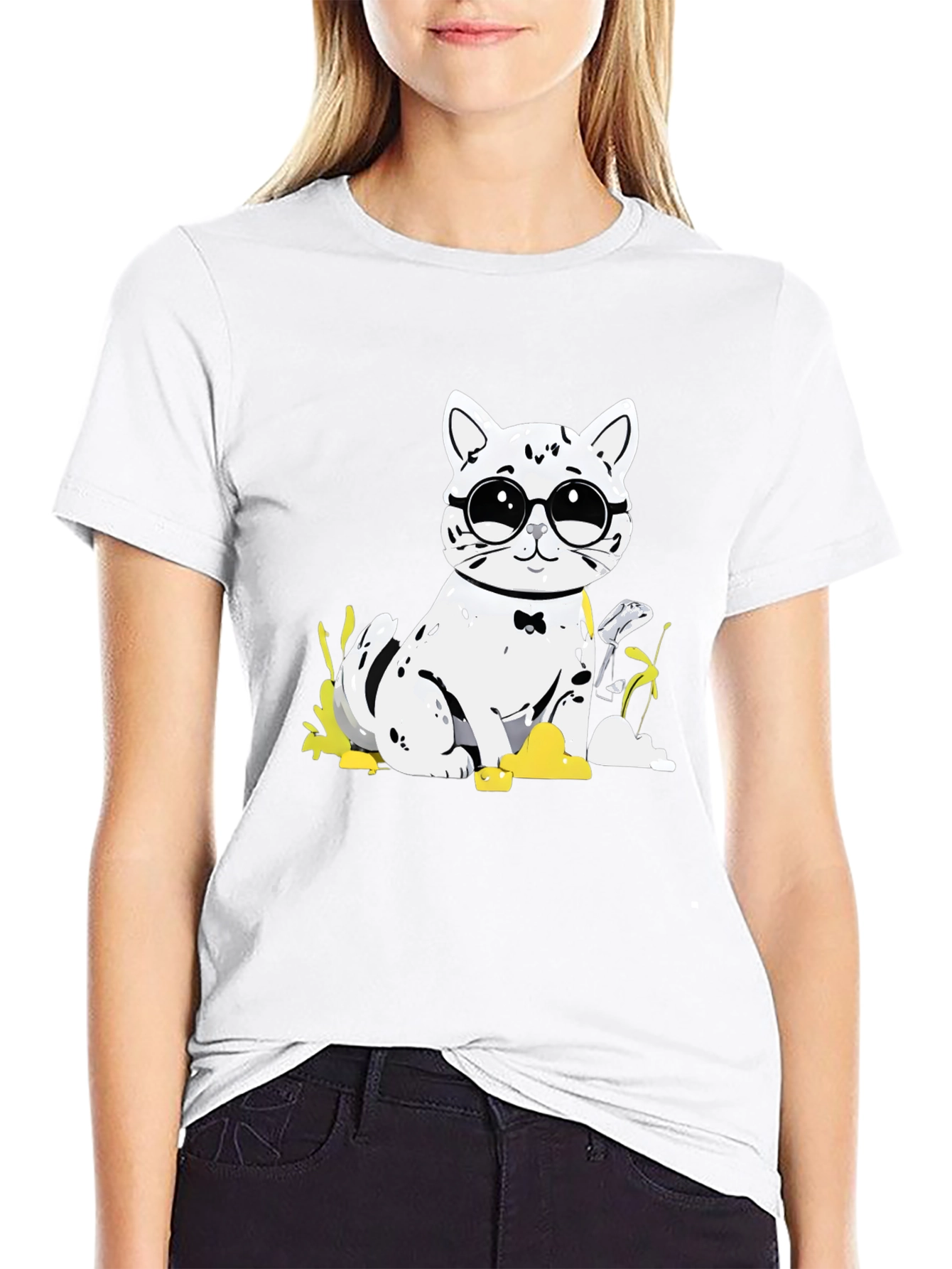 Black Cat with Glasses T-Shirt - Black Cotton Tee view 9
