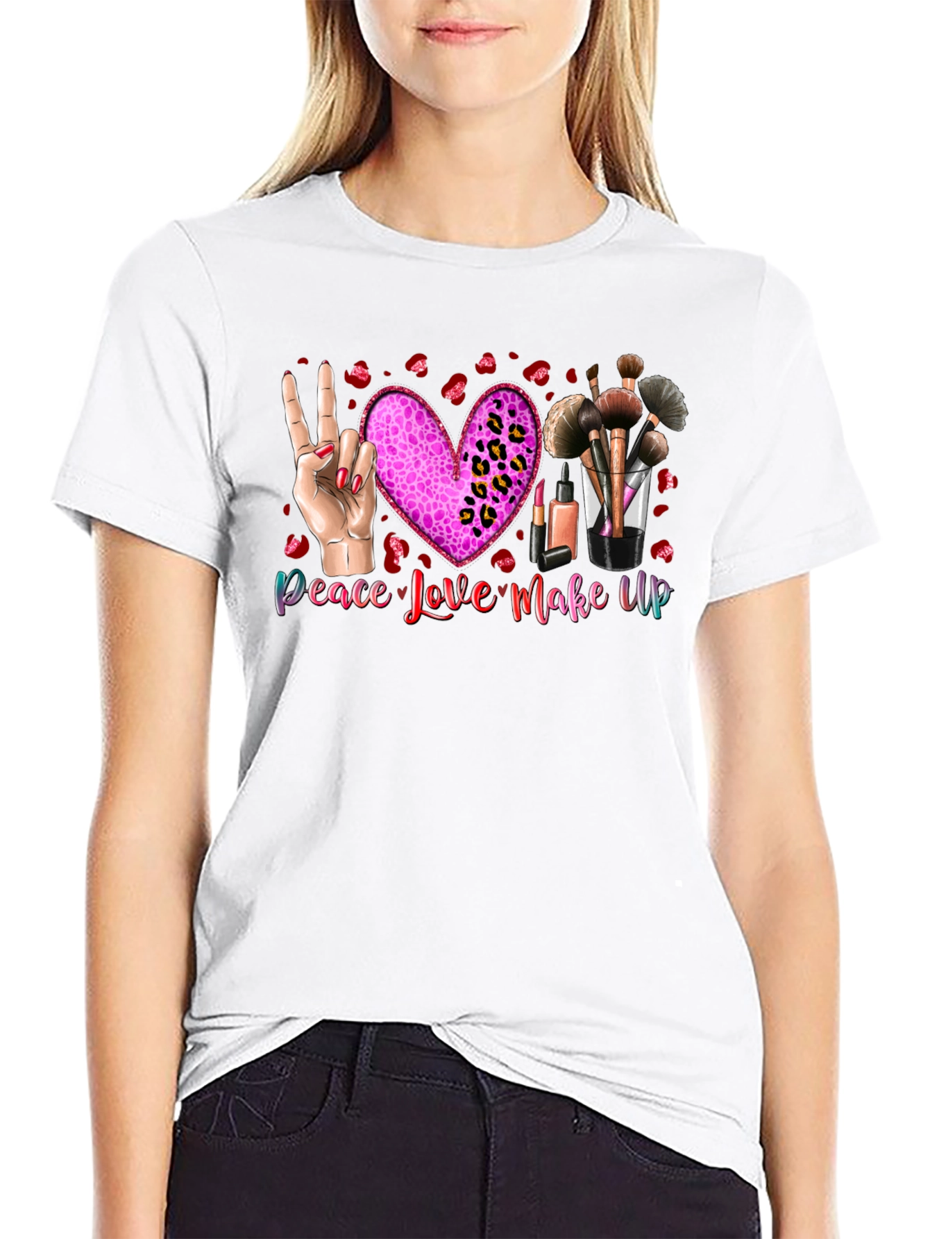 Black Peace Love Makeup T-Shirt, Beauty Graphic Tee view 9