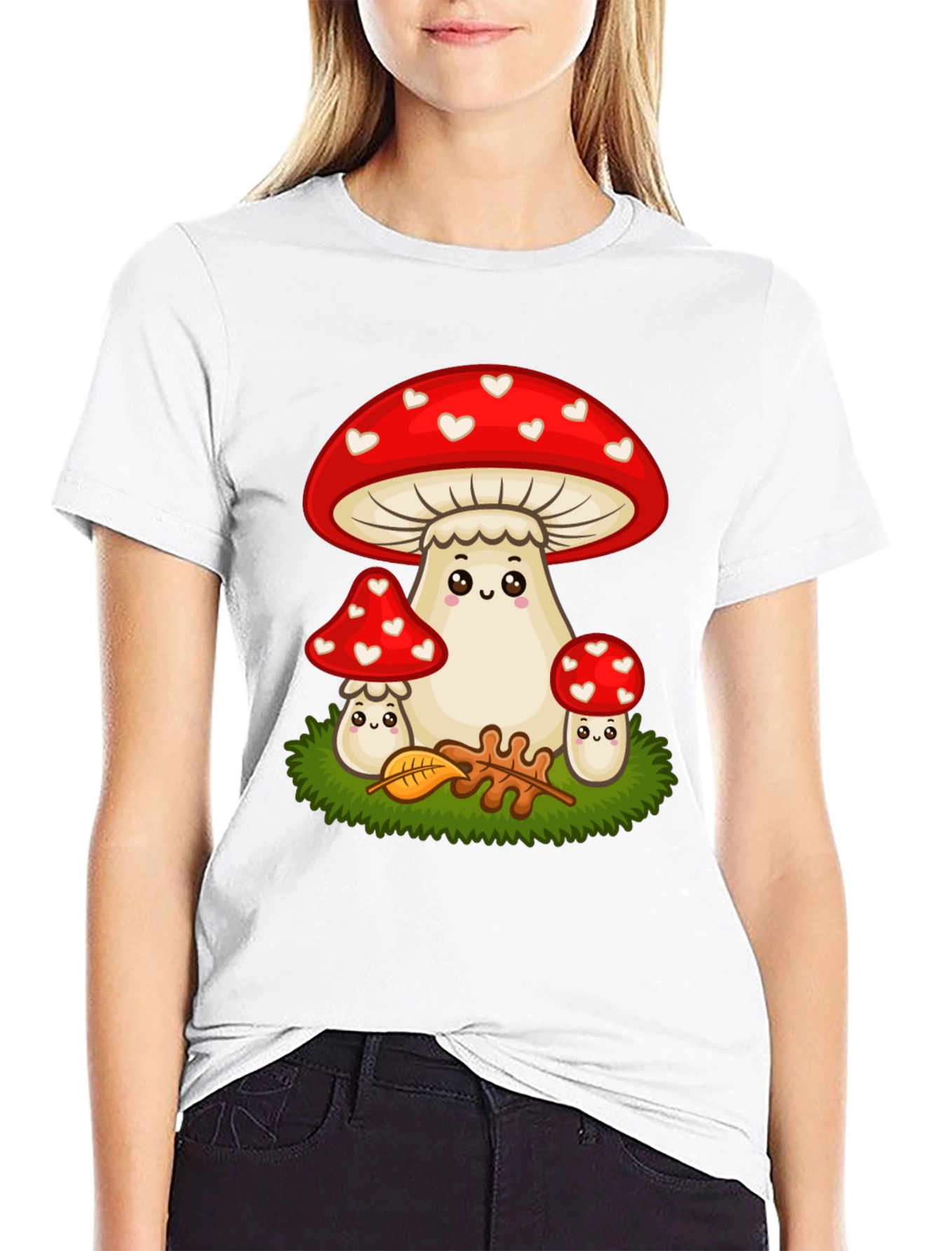 Black Cute Mushroom T-Shirt - Heart Pattern view 9