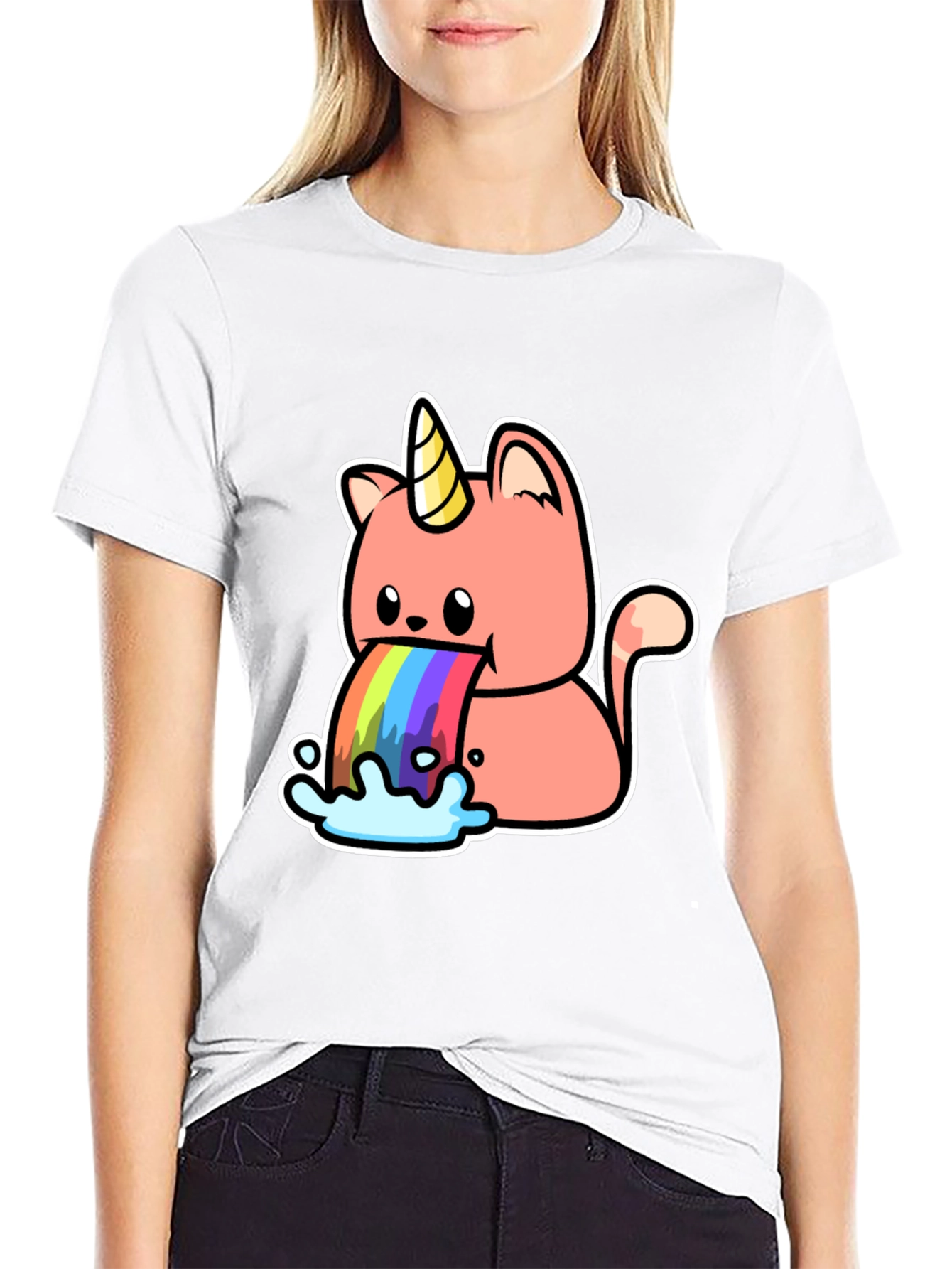 Black Unicorn Cat Rainbow Puke Graphic Tee view 9