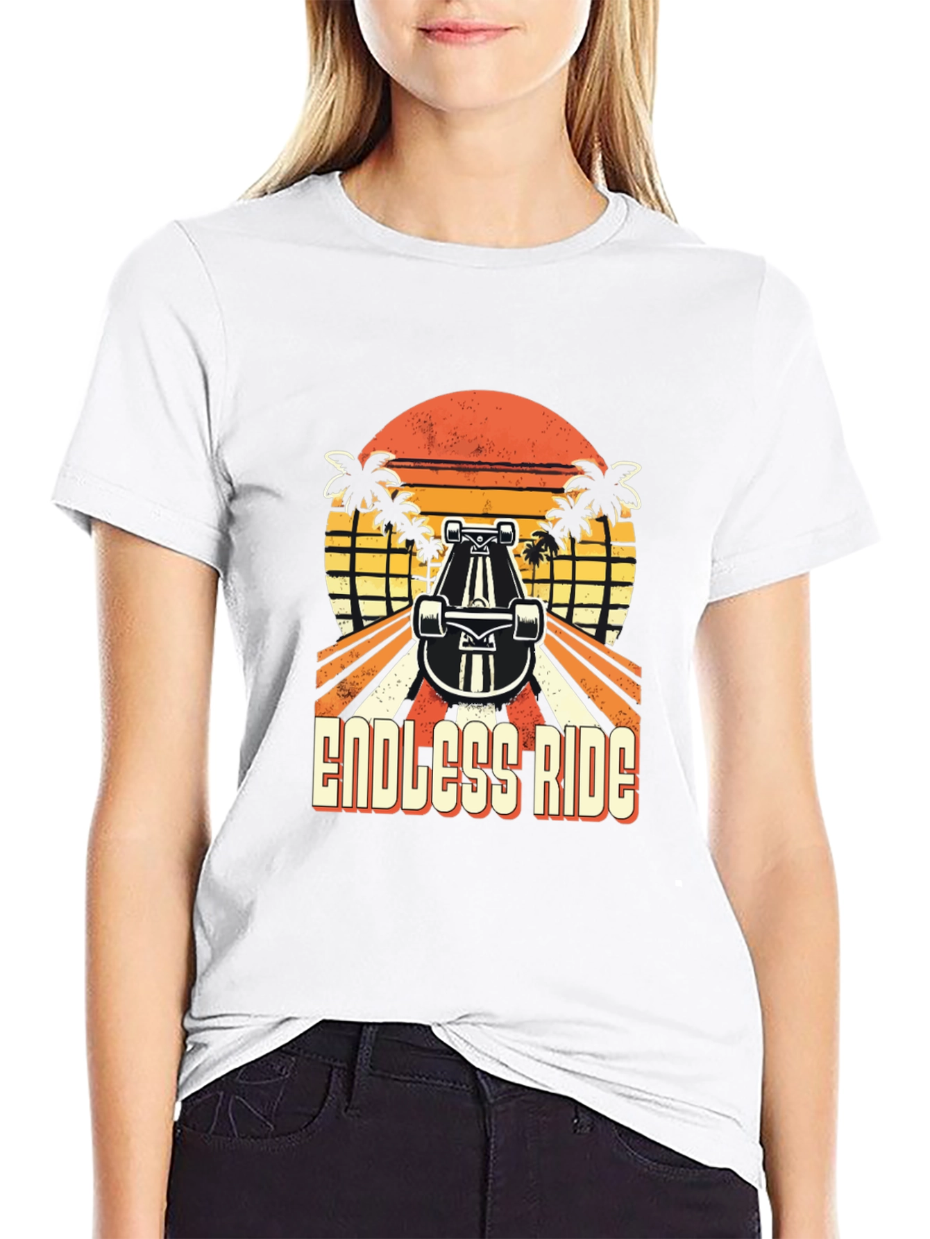 Black Endless Ride Skateboard T-Shirt Retro Sunset Palm Tree view 9