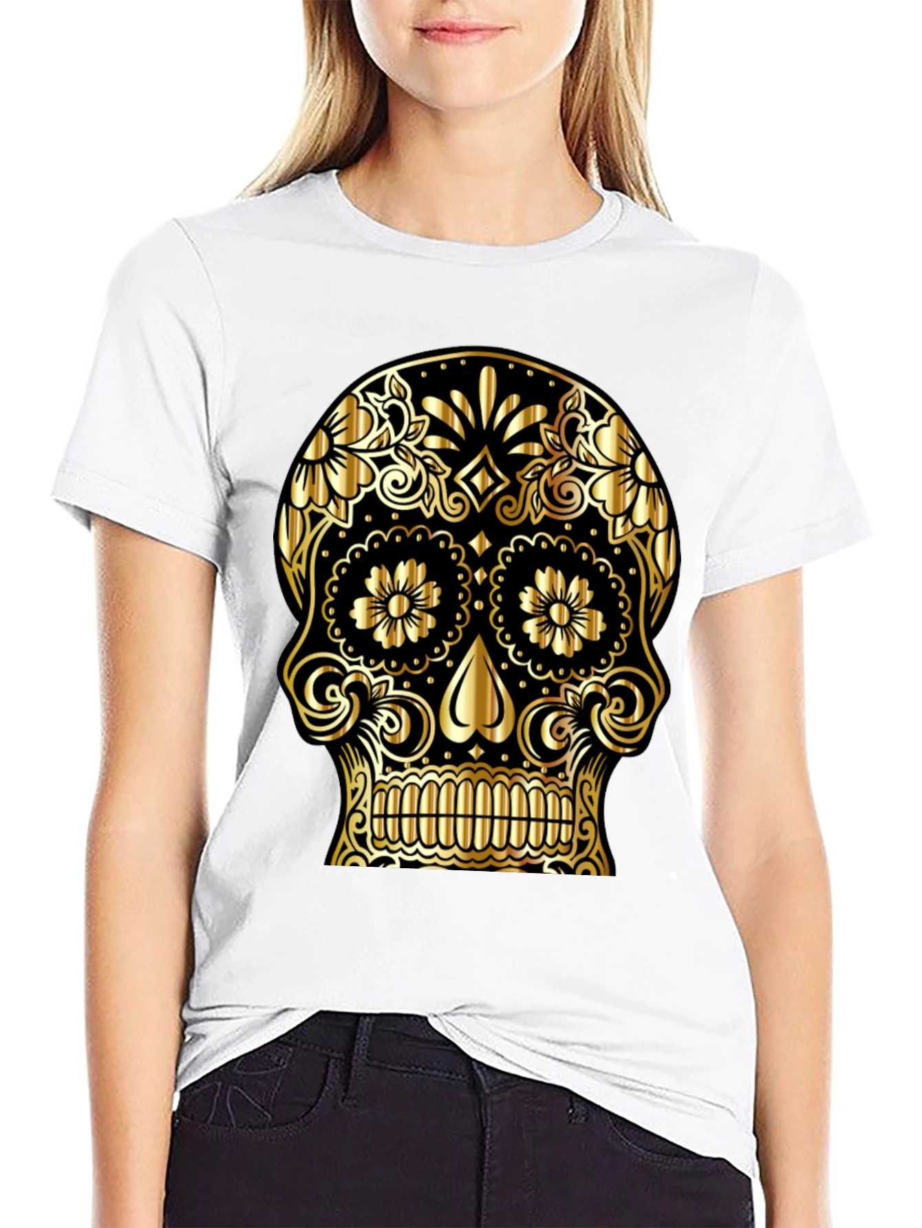 Black Gold Sugar Skull Graphic Black T-Shirt view 9