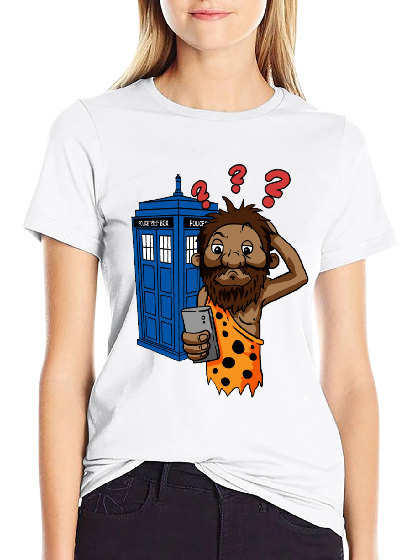 Black Time Traveler T-Shirt - Confused Caveman & Phone view 9